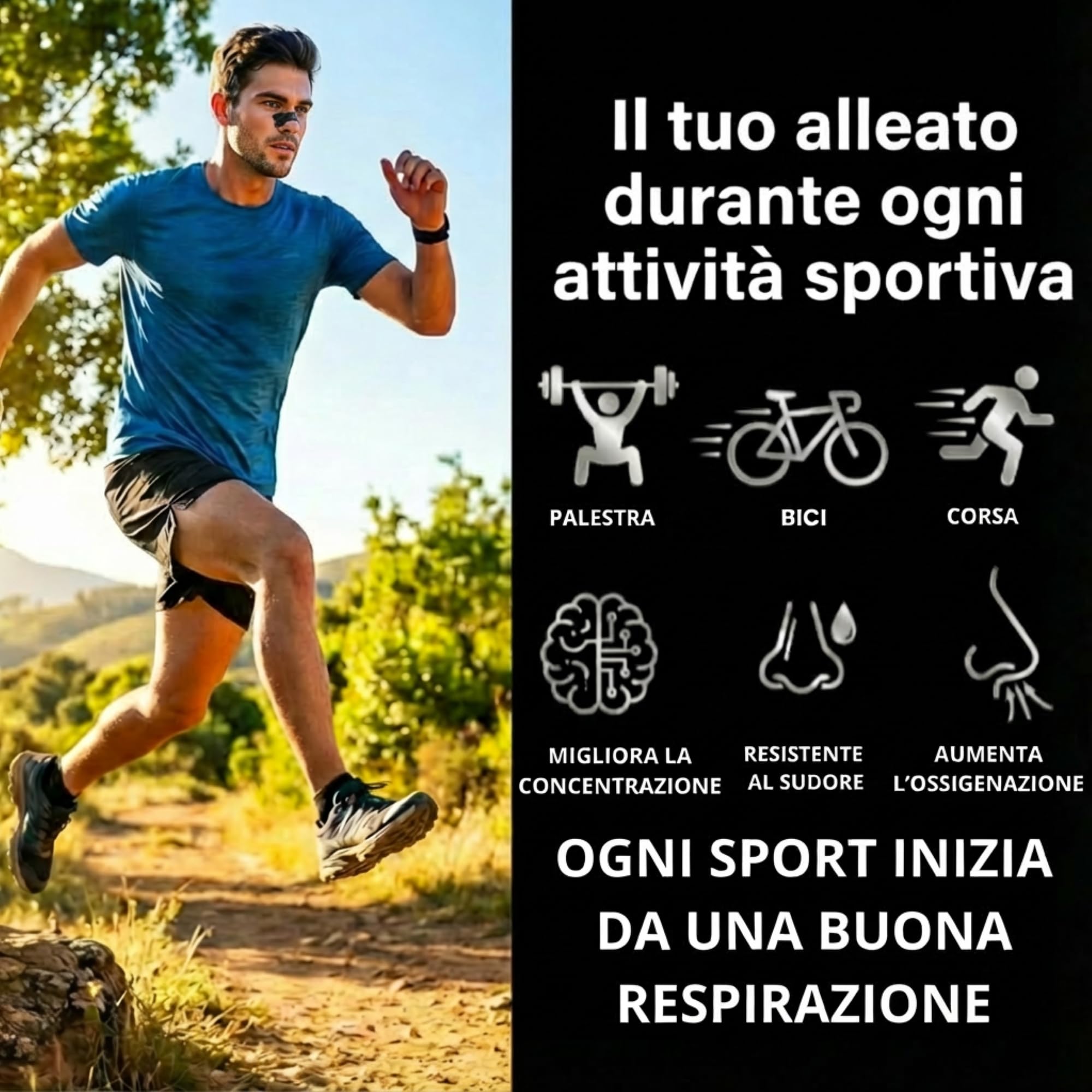 Cerotti Nasali Anti Russamento Uomo e Donna. 30 Cerotti Nasali Antirussamento Qualità Superiore. Cerotti Nasali Sport Respira Bene, Dimensioni Universali. Tenuta extra,Marca Italiana.(Nero)