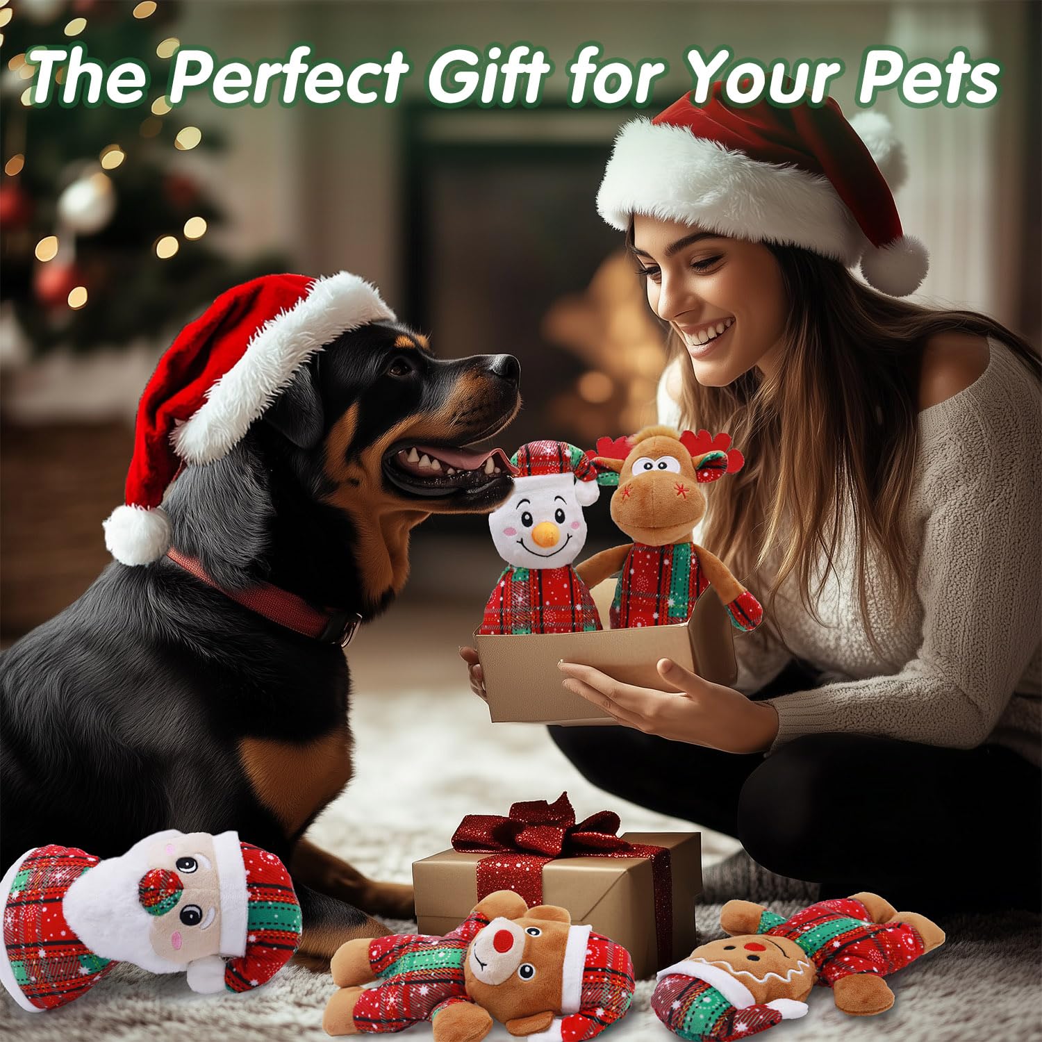 Juguetes navideños para perros – Paquete de 5 juguetes chirriantes para cachorros para perros pequeños y medianos, Papá Noel, reno y muñeco de nieve, regalo ideal para mantener a los perros