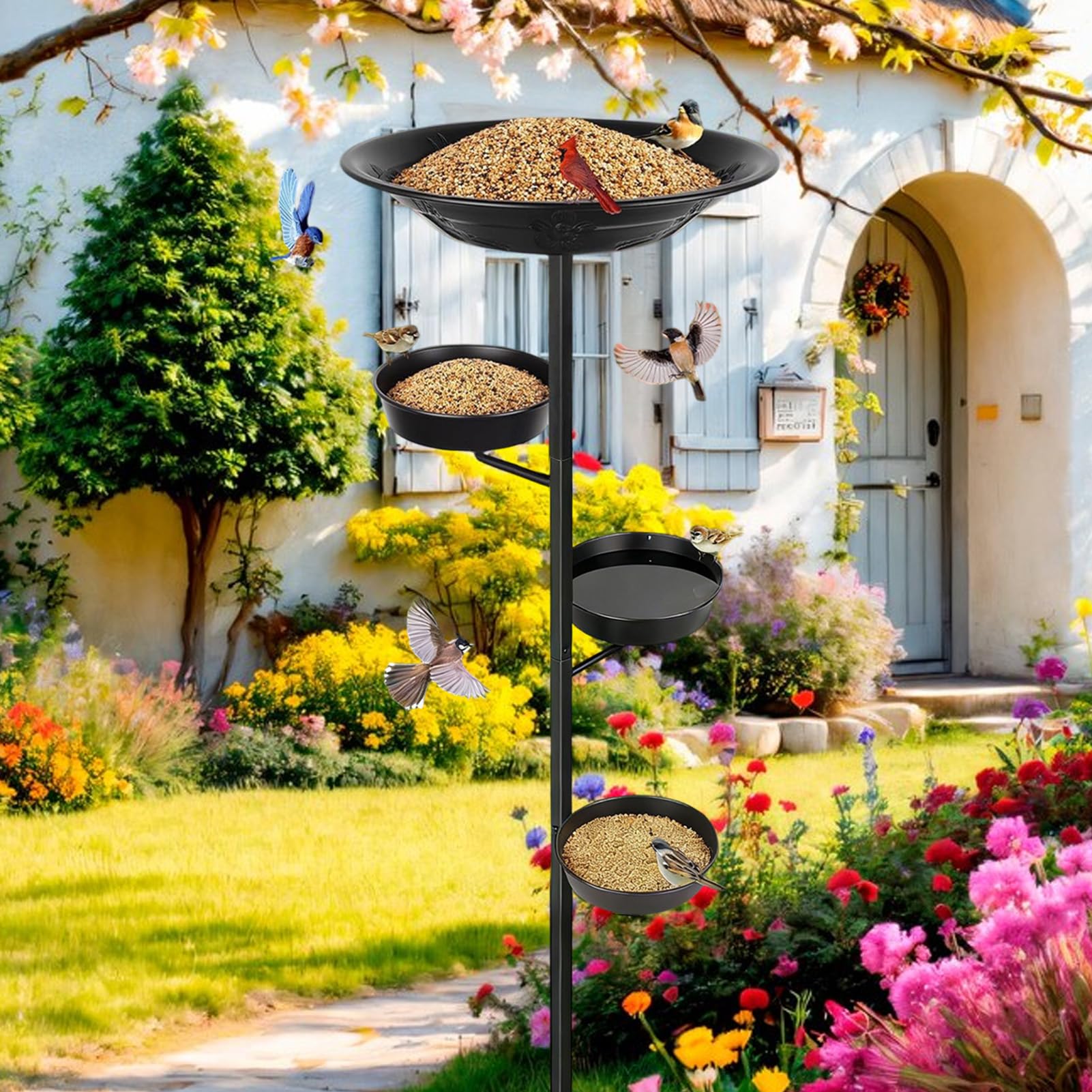 Pila o Baño para Pájaros de Metal con Estacas, Múltiples Niveles, Elegante | y Bebedero para Aves Silvestres de Exterior para Jardín, Patio, Terraza y