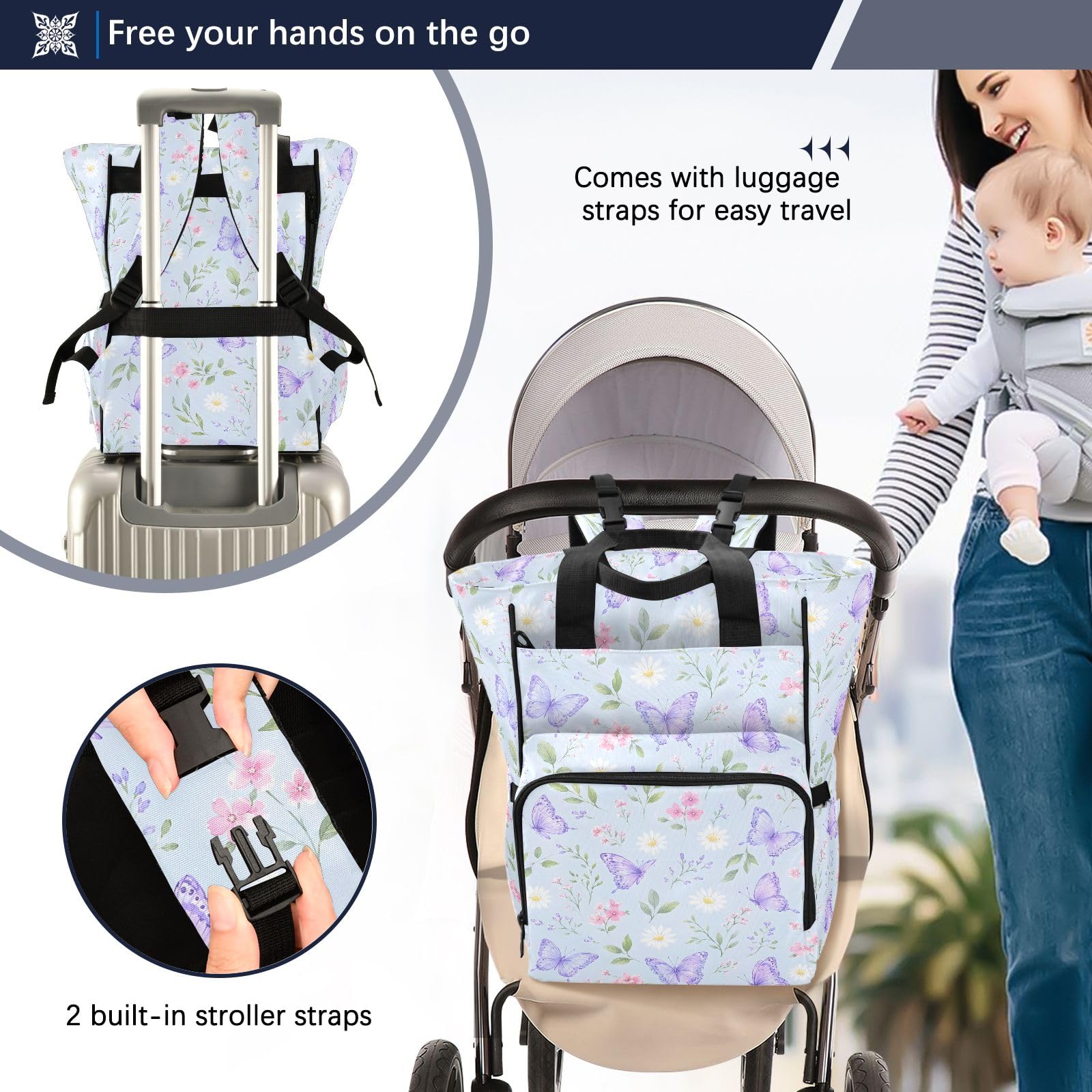 Mnsruu Flwoer Butterfily Borsa per pannolini per bambini, zaino grande, impermeabile, da viaggio, per mamme e papà