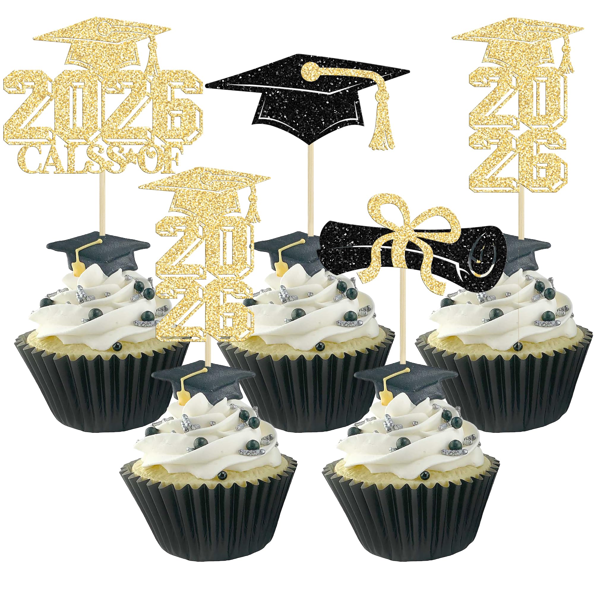 Gyufise 36Pcs 2026 Graduation Theme Cupcake Toppers Glitter Class of 2026 Cupcake Picks Diploma Grad Cap Cupcake Decorations for 2026 Graduation Theme Party Cake Decorations Supplies Gold