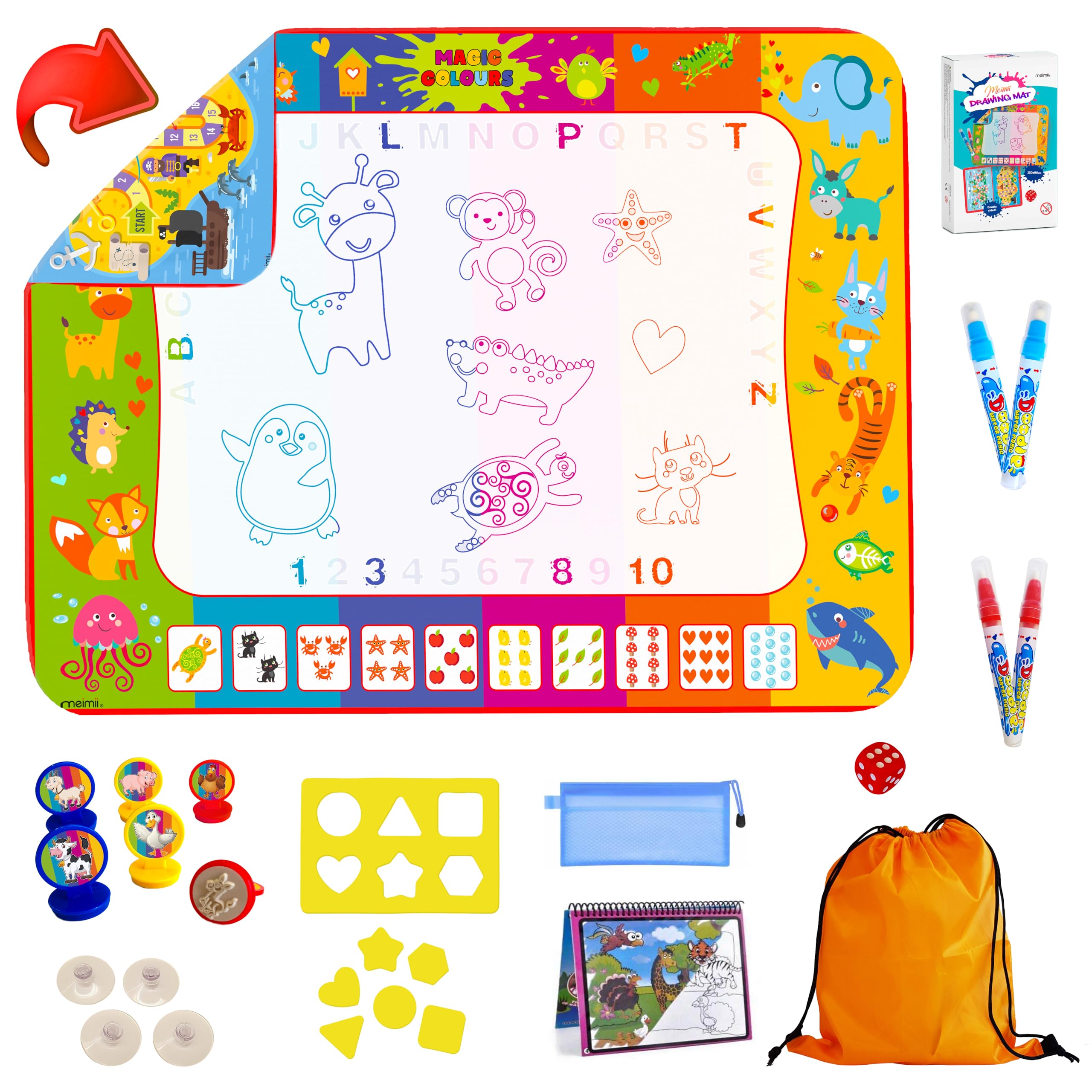 Meimii - Tappeto Magico 2 Lati 120x90cm Con Accessori, Giochi Educativi e Didattici, Giocattolo per Disegni, Acqua, Bambini 3 anni, Doodle Idea Regalo Design Registrato