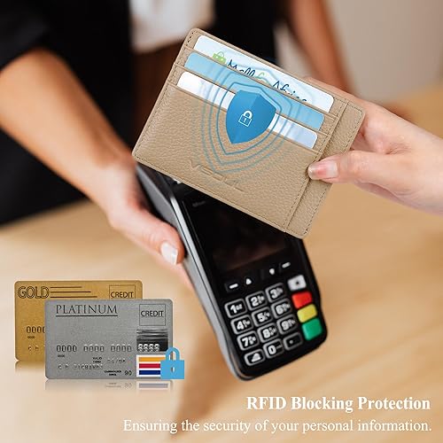 Vista 3 de VISOUL Tarjetero delgado para mujer con bloqueo RFID, cartera pequeña de cuero para mujer con bolsillo con cremallera para monedas (marrón claro)