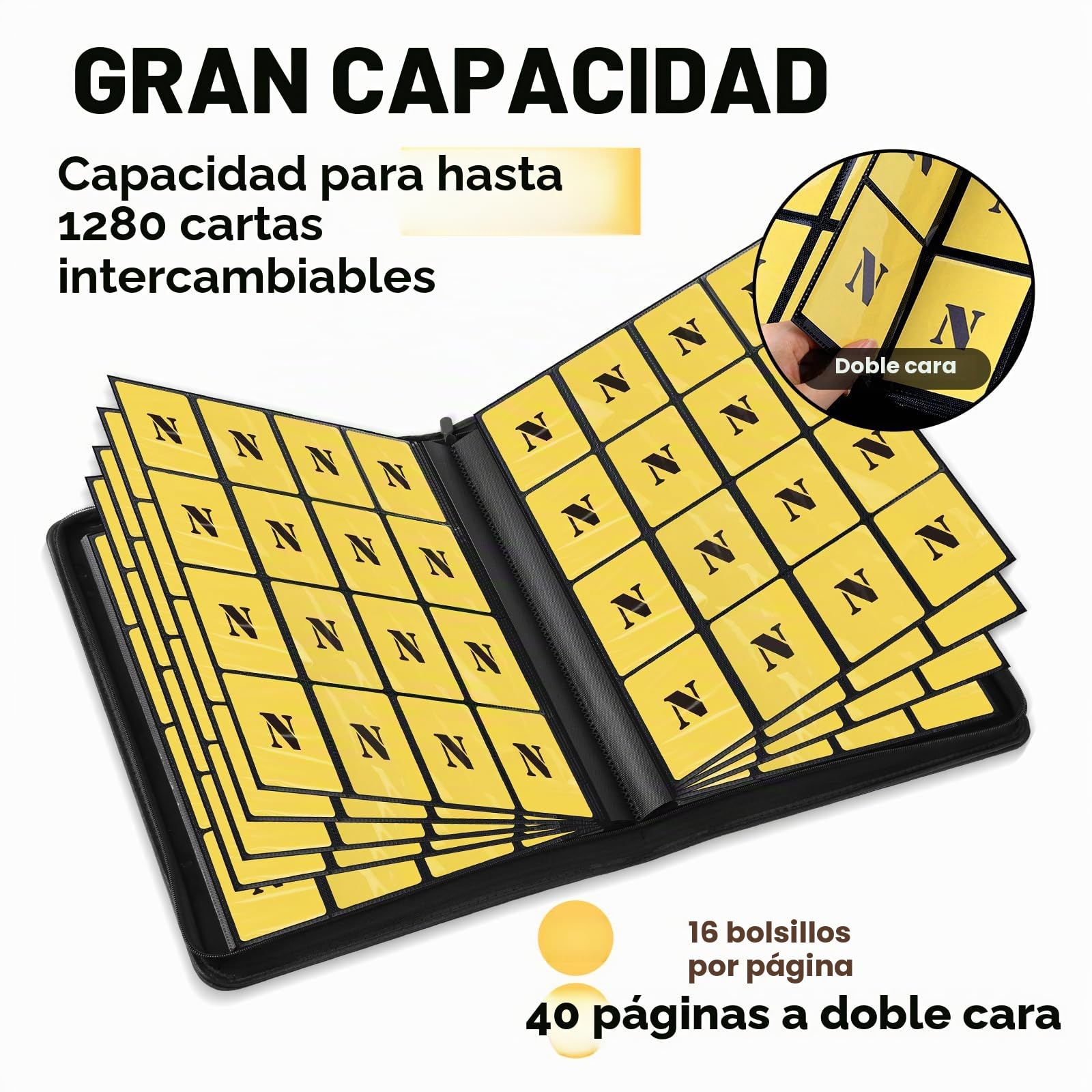 Carpeta de tarjetas de 16 bolsillos, carpeta de tarjetas coleccionables de doble cara sin anillo de 1280, carpeta de álbum con cremallera premium para TCG, MTG, tarjetas de juego, tarjetas deportivas