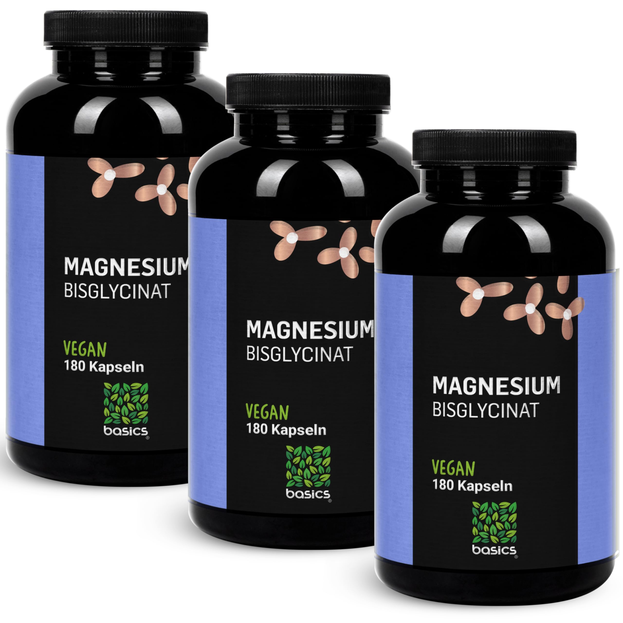 basics Magnesiumbisglycinat Kapseln - Magnesiumsalz von Glycin - 320 mg Magnesium pro Tagesdosis - 180 Stück - 3 Monate Vorrat - Vegan, Glutenfrei, Laktosefrei - 3er Pack, je 180 Stück für 3 Monate