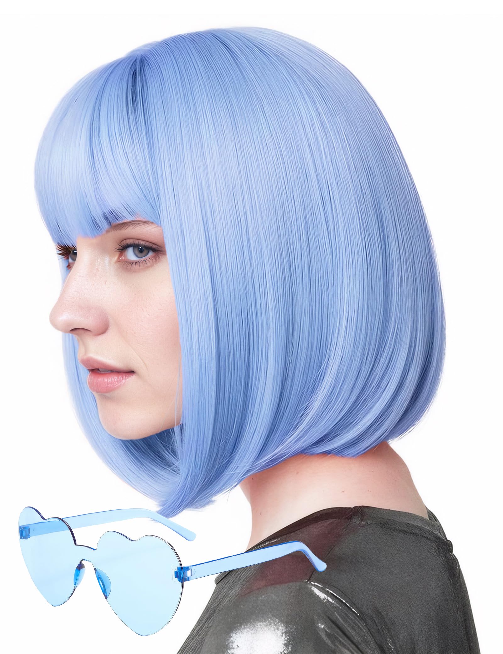 MIUSKATL Wig and Sunglasses 12 Inch Short Bob Wigs with Bangs for Women Costume Cosplay Party (Haze Blue)
