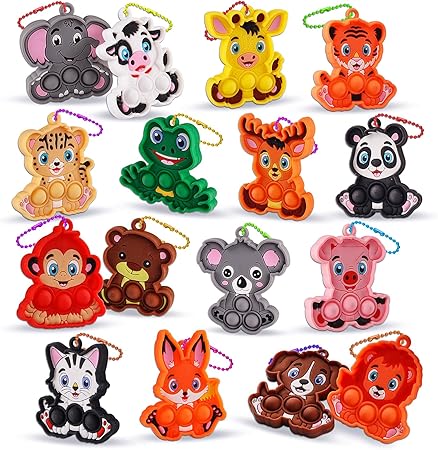 Kids Party Favors 16PCS Animal Sensory Toys, Mini Pop Fidget Toys Keychain, Goodie Bag Stuffers, Birthday Gifts, Small Prizes for Kids, Classroom Rewards