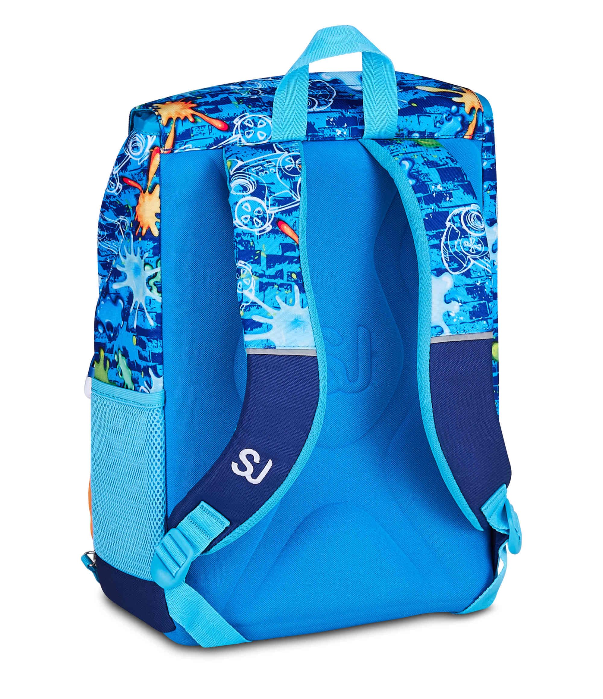 SJ GANG STYLE JAM GANG Zaino Scuola Estensibile JOYFUL PINS BOY, Blu, 24L, Zip Laterali, Inserto controller in gomma e pins amovibili, Tasca frontale, Tasca portaborraccia, Scuola elementare, Bambino