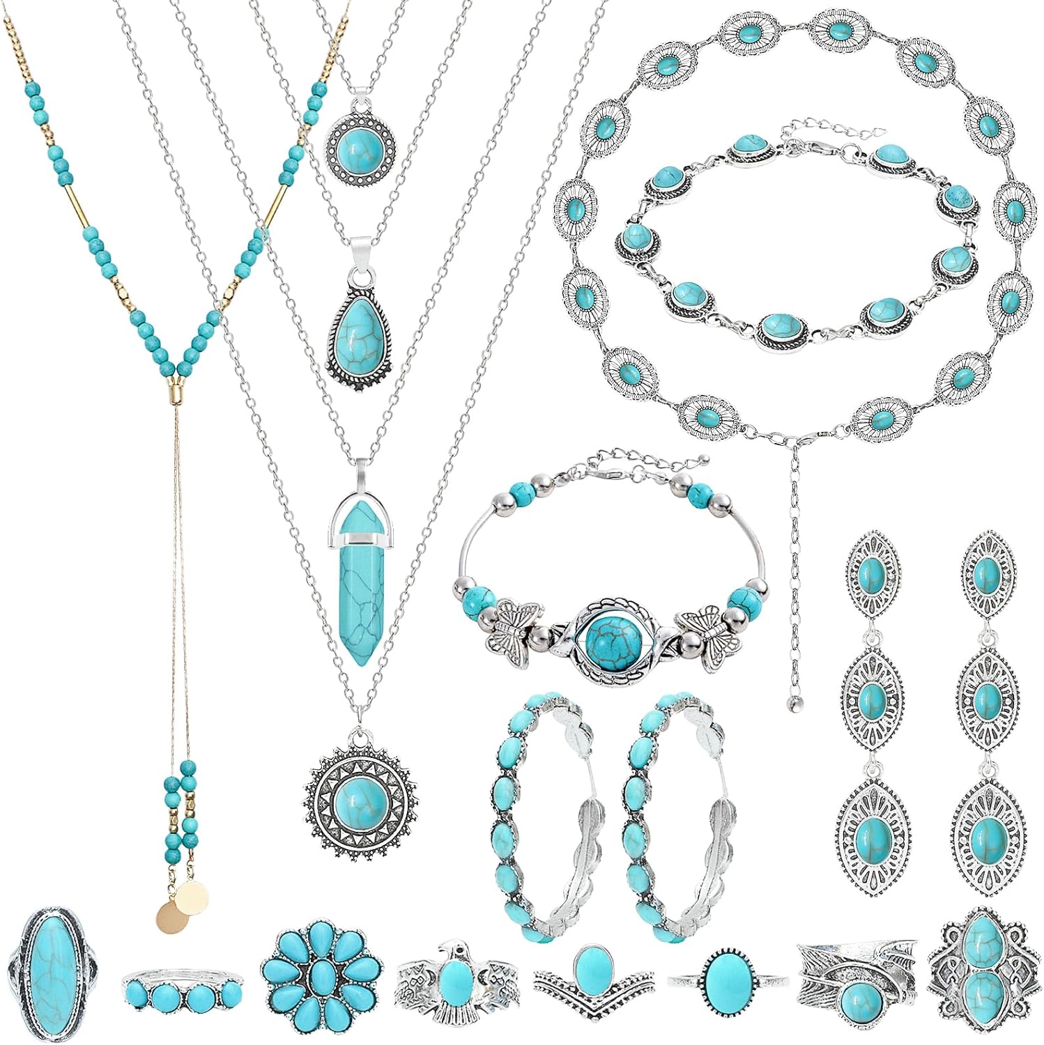 New silver Bohemian jewelry set for women with turquoise accents