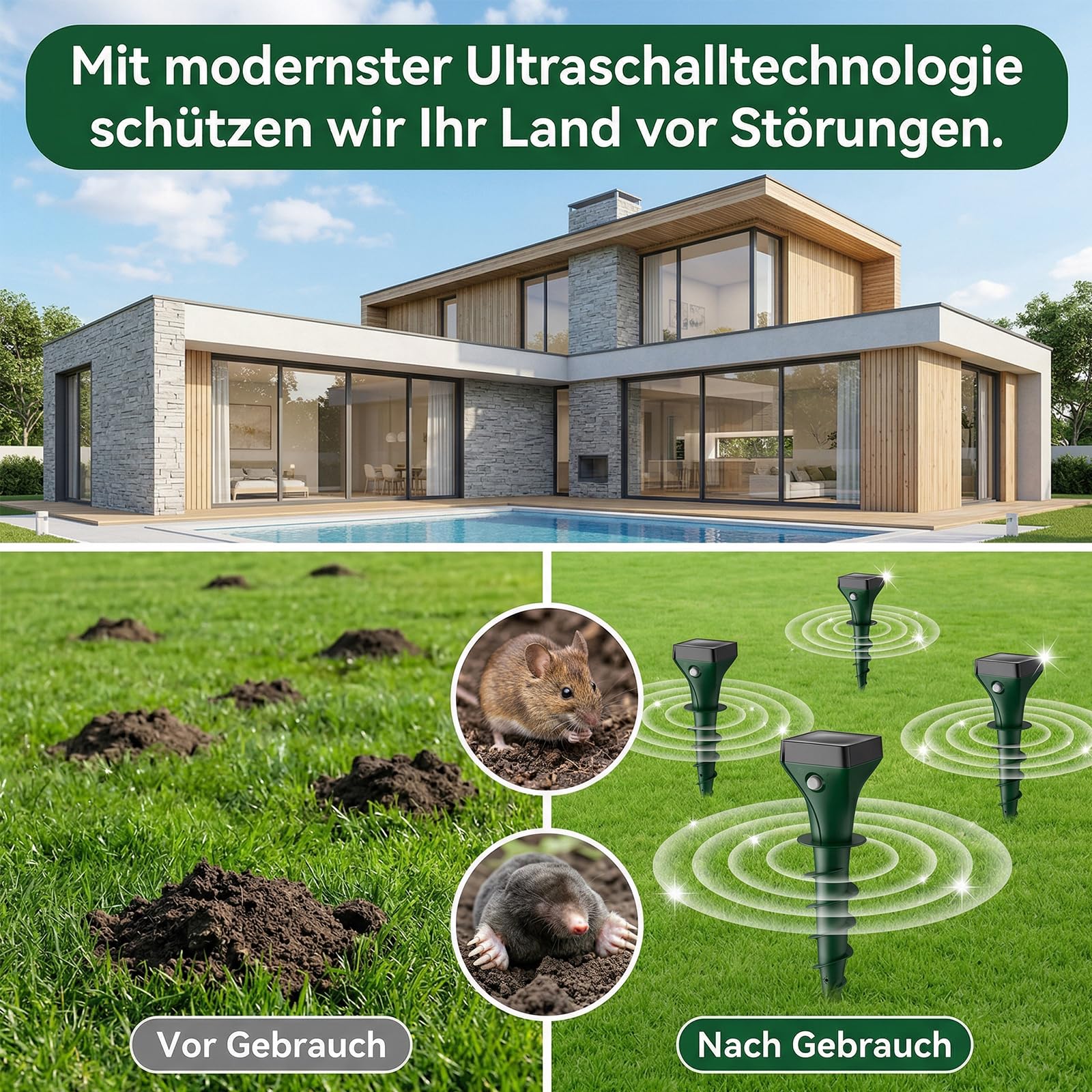 Maulwurf Vertreiber,Ultraschall Wühlmaus Vertreiben mit KI-Wechselfrequenz, IP65 Wasserdicht Maulwurfschreck für Garten und Rasen, Wühlmausschreck & Marderschreck Mole Repellent Outdoor Ultrasonic