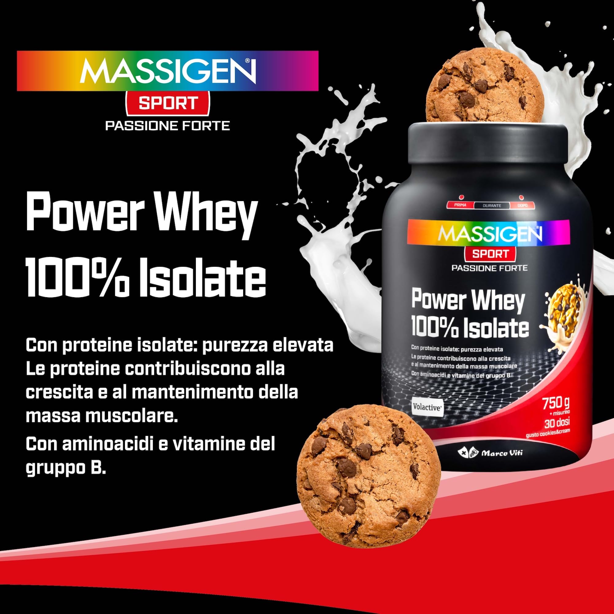 Mass Sport Power Whey 100% Isolate Cookies, 750 g, Integratore Proteico con Proteine del Siero del Latte Isolate, Ricco di Aminoacidi, 25 Dosi, Senza Glutine