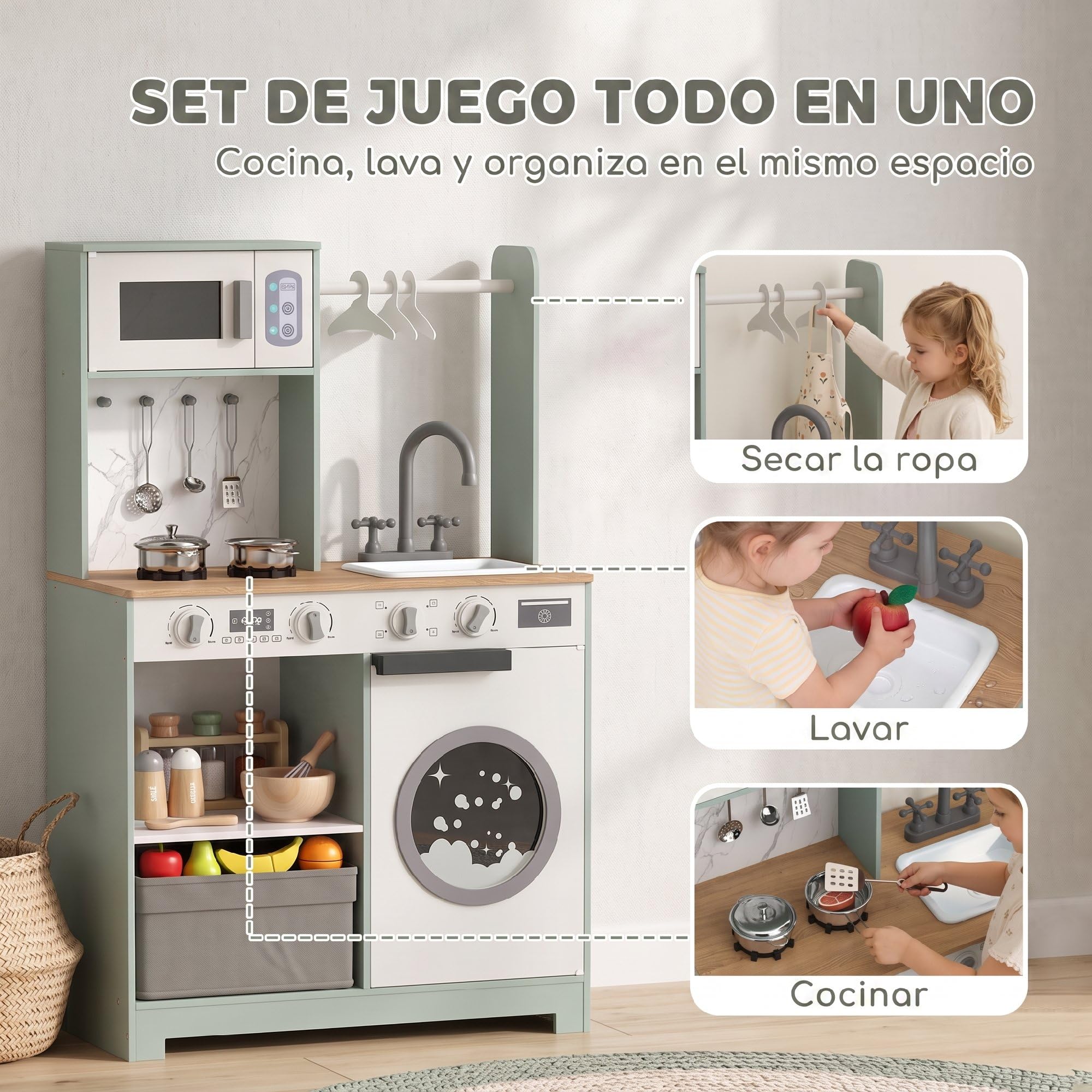 AIYAPLAY Cocina de Juguete de Madera Cocinita Infantil 3-6 Años Verde