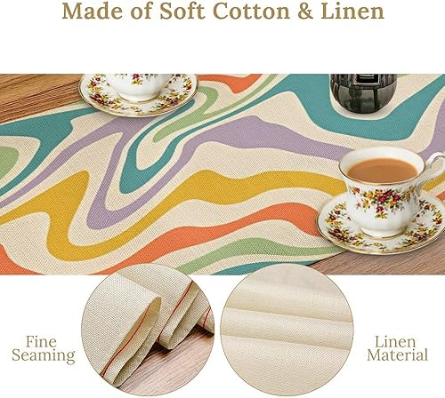 Miniatura 169 de Camino de mesa ondulado de los años 70, retro, hippie abstracto, vintage, verde, rosa, con estampado de ondas para el hogar, cocina, comedor, patio,