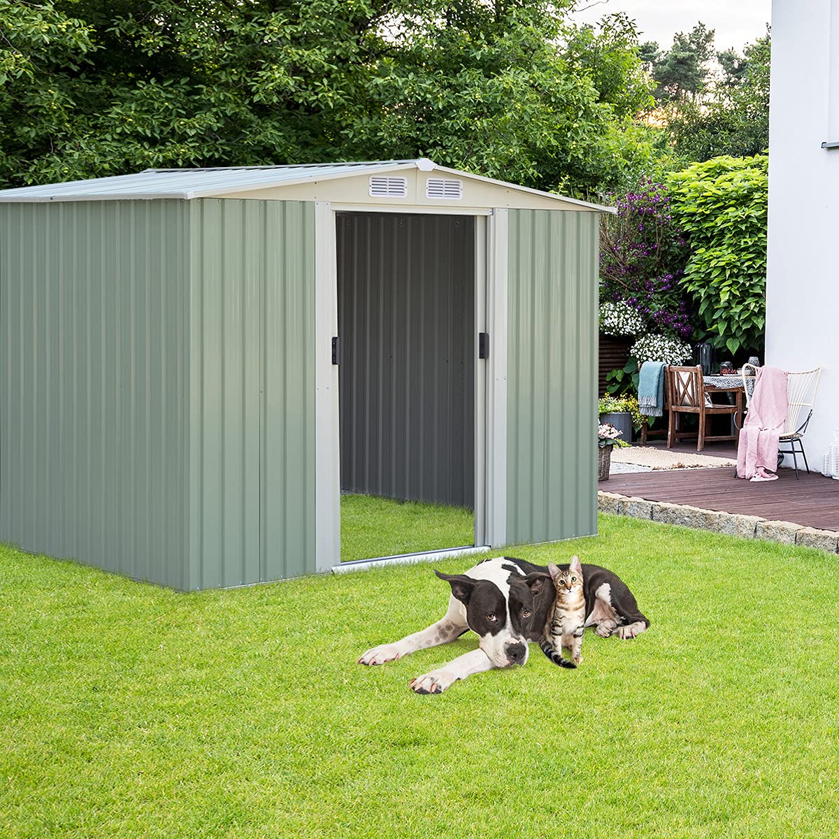 GYMAX Casetta da Giardino 4,75㎡ in Acciaio Zincat, Capanno Porta Attrezzi con 4 Feritoie, Doppie Porte Scorrevole e Rampa (4,75㎡/Verde)