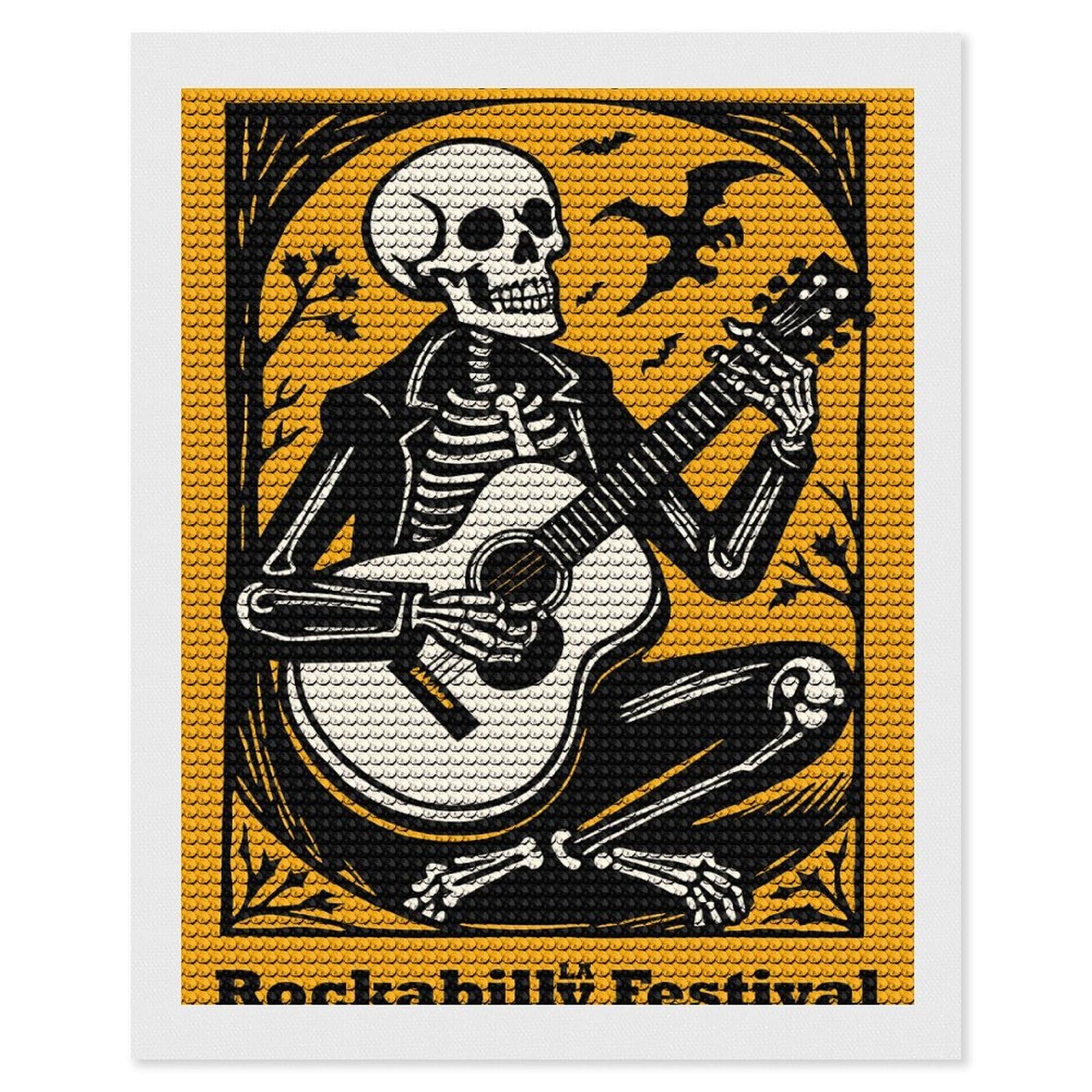 Junmoney Rockabilly Festival Skeleton Guitarist Diamond Painting Canvas Set 16"x20", for Beginners, Complete Accessories, Christmas Gift, Modern Decor