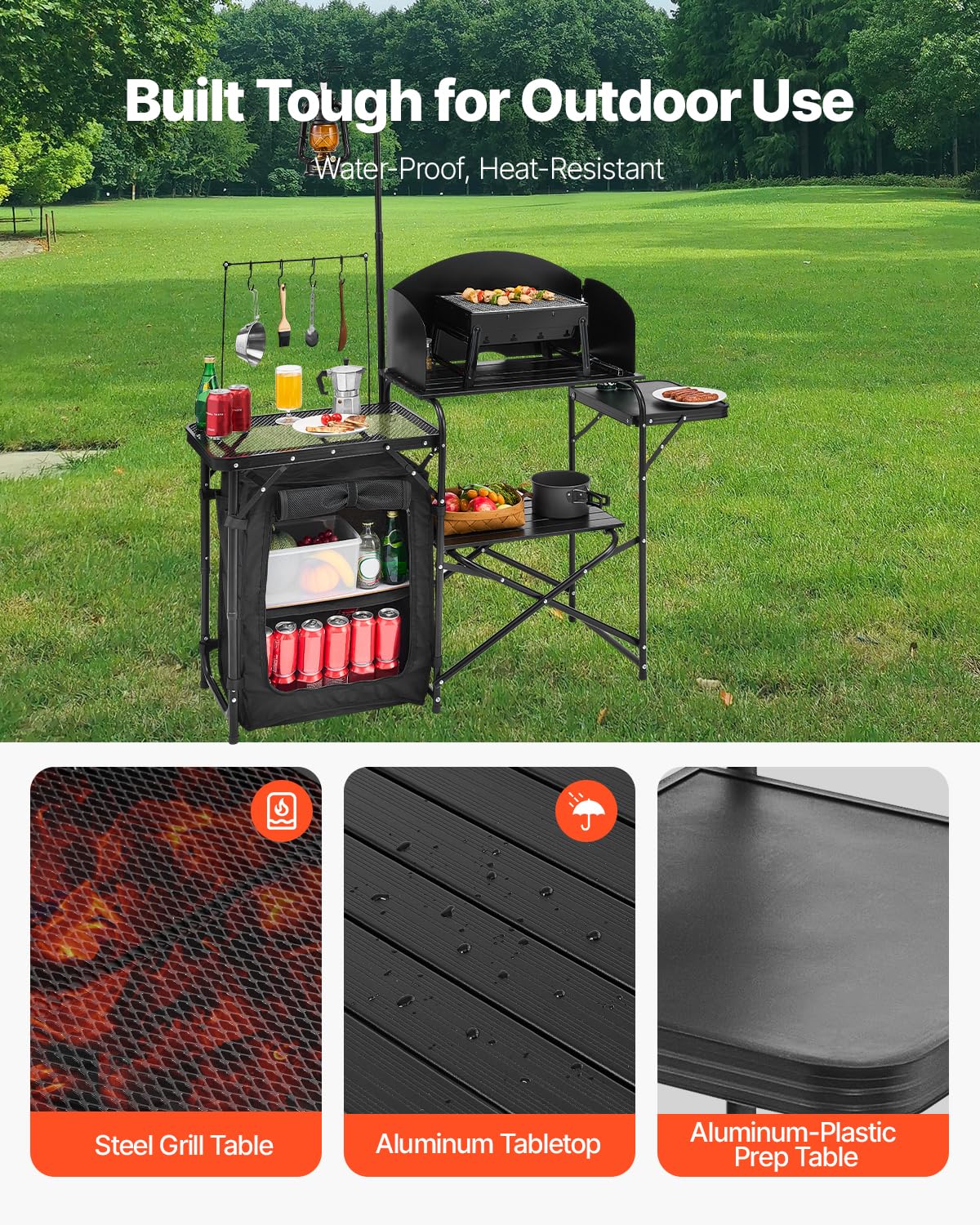 VEVOR Mesa de Cocina para Acampar al Aire Libre, de Aluminio, con Armario de Almacenamiento, Bolsa de Transporte, Parabrisas Desmontable, Apto para Barbacoa, Fiesta, Pícnic, Viajes en RV, Negro