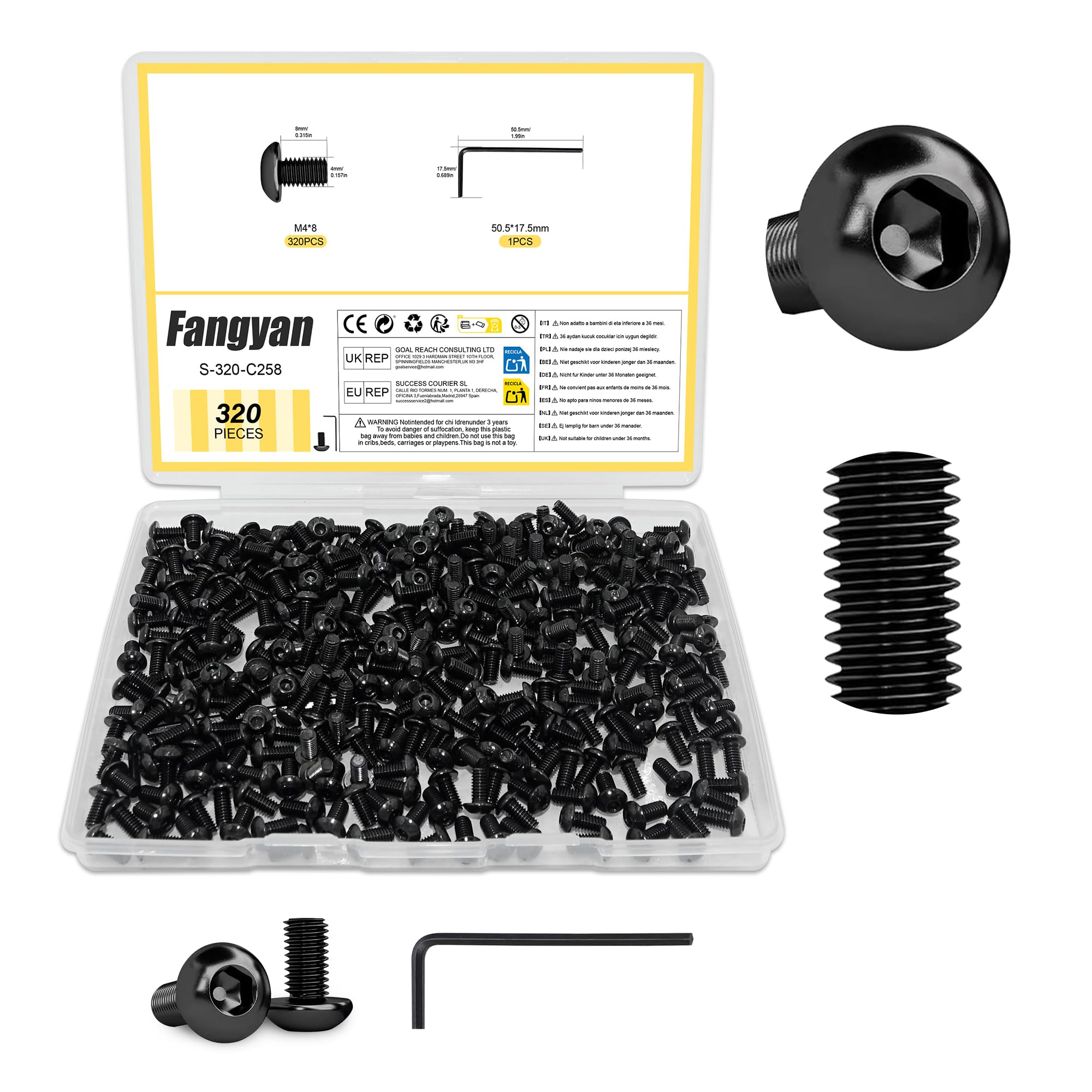 Fangyan 320PCS M4 x 8mm Button Head Hex Socket Screws, Black Oxide Alloy Steel Allen Bolts with Hex Wrench, Full Thread Metric Machine Screws for Furniture, Machinery, DIY Projects