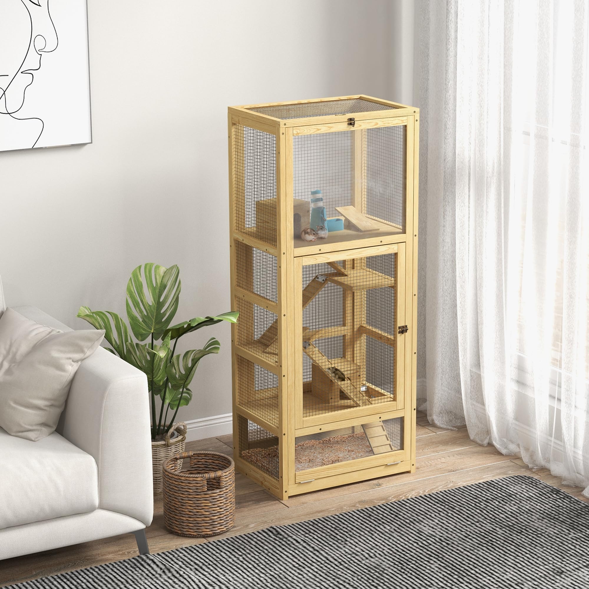PawHut Gabbia per criceti o topi, piccoli animali in legno, 5 livelli con scala, nicchia, altalena, vassoio rimovibile, abbeveratoio, 54 x 38 x 131 cm, naturale