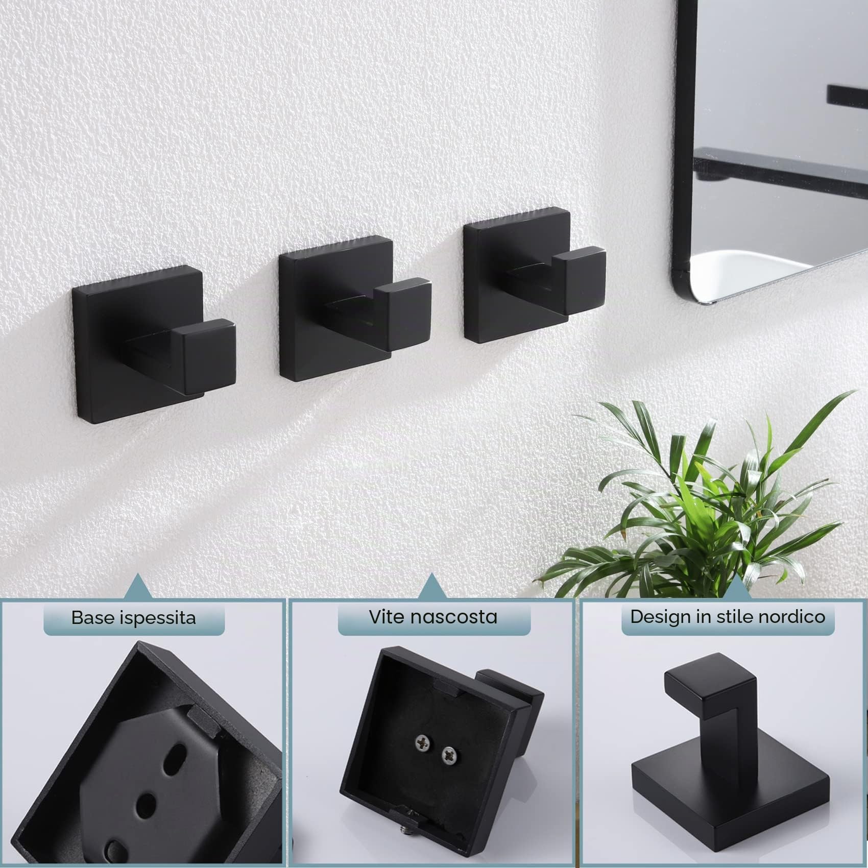 KOKOSIRI Gancio per asciugamano da bagno, da parete, quadrato, per accappatoio, bagno, cucina, garage, resistente, in acciaio inox SUS 304, confezione da 3 pezzi, nero opaco, B1010BK-P3