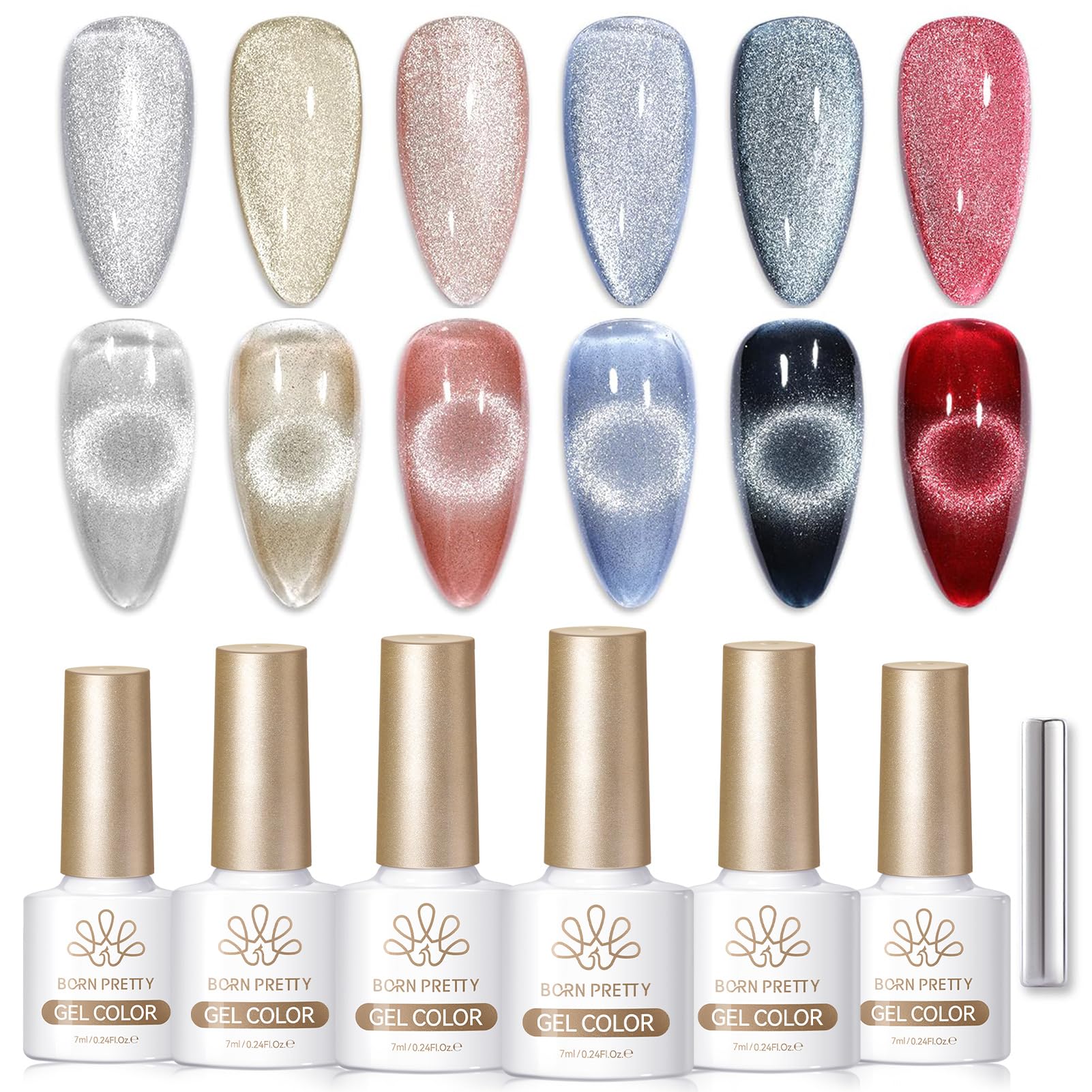 BORN PRETTY U V Nagellack Cat Magnetic Eye U V Gel 6 Farben Glitzer Kristall Silber Rot Gel Nagellack Soak-Off Gellack für Nagelkunst French Maniküre Salon