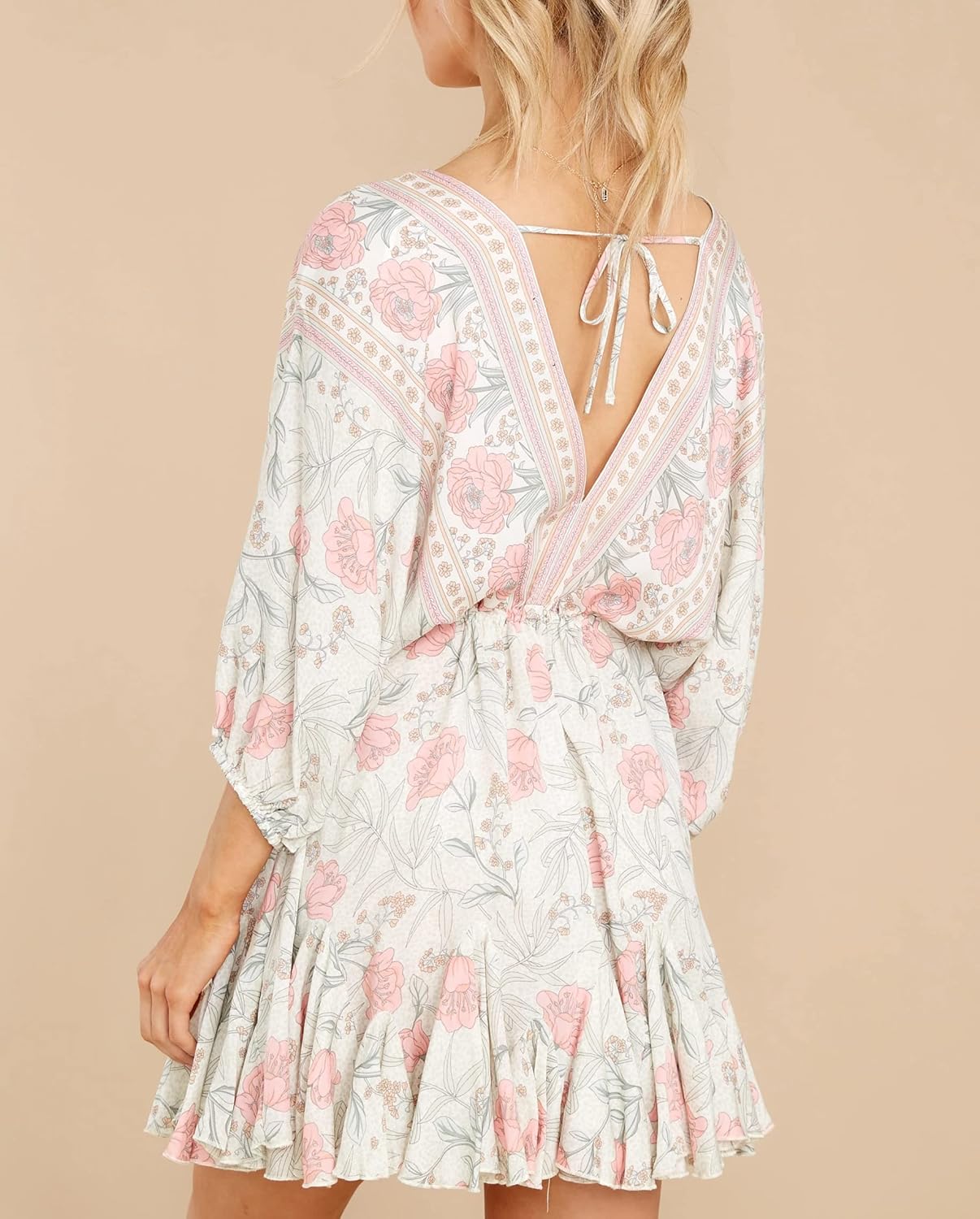 R.Vivimos Womens Summer Floral Dress 3/4 Sleeve Deep V Neck Boho Drawstring Backless Swing Mini Dress - Image 4