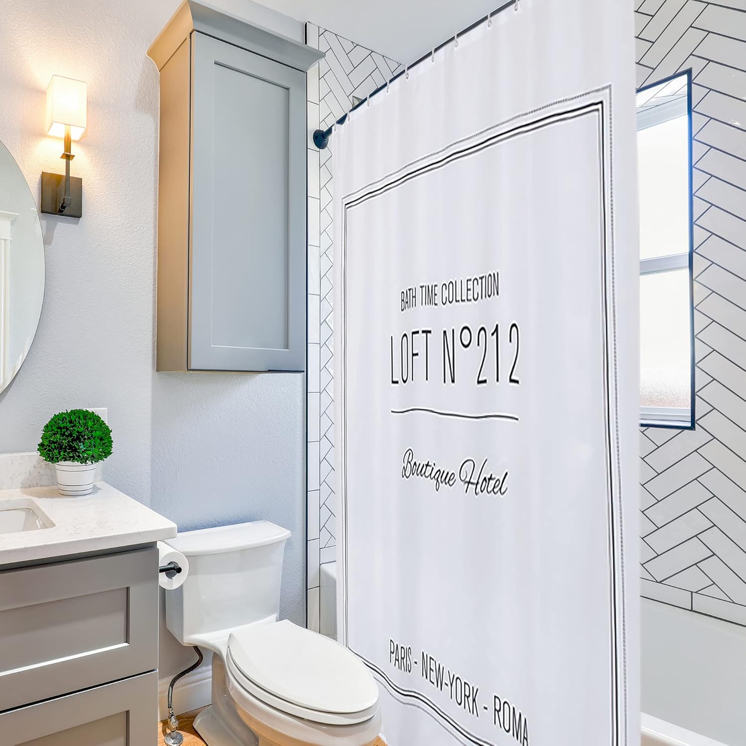 EVIDECO French Home Goods White Polyester Shower Curtain - 79x71 inches - Black Writing Design