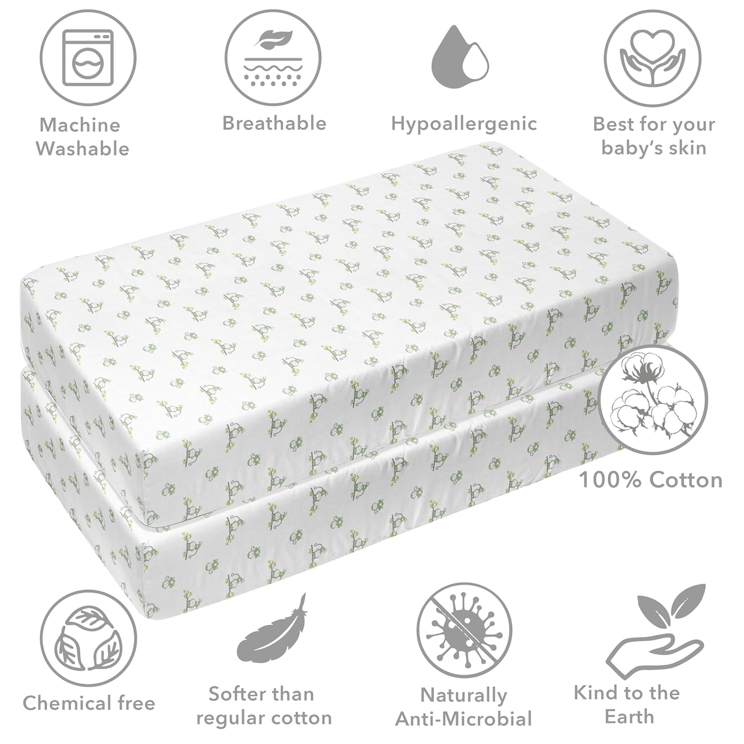 Bacati - Happy Monkeys 2 Pack Essentials Classic Super Soft Breathable 100% Cotton Muslin Baby Crib Fitted Sheets - Fits Standard 28 x 52 x 5 Crib & Toddler Mattresses (Green/Grey Unisex)