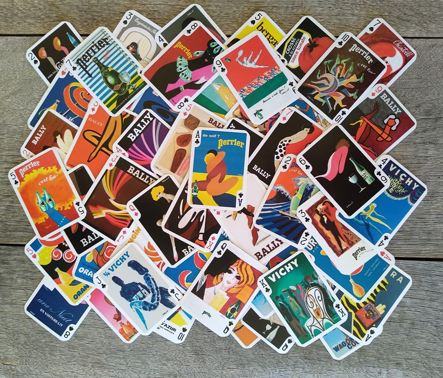 Villemot Playing Cards (Poker Deck 54 Cards All Different) Vintage Retro Art Deco Illustration Advertizing Posters Orangina Perrier