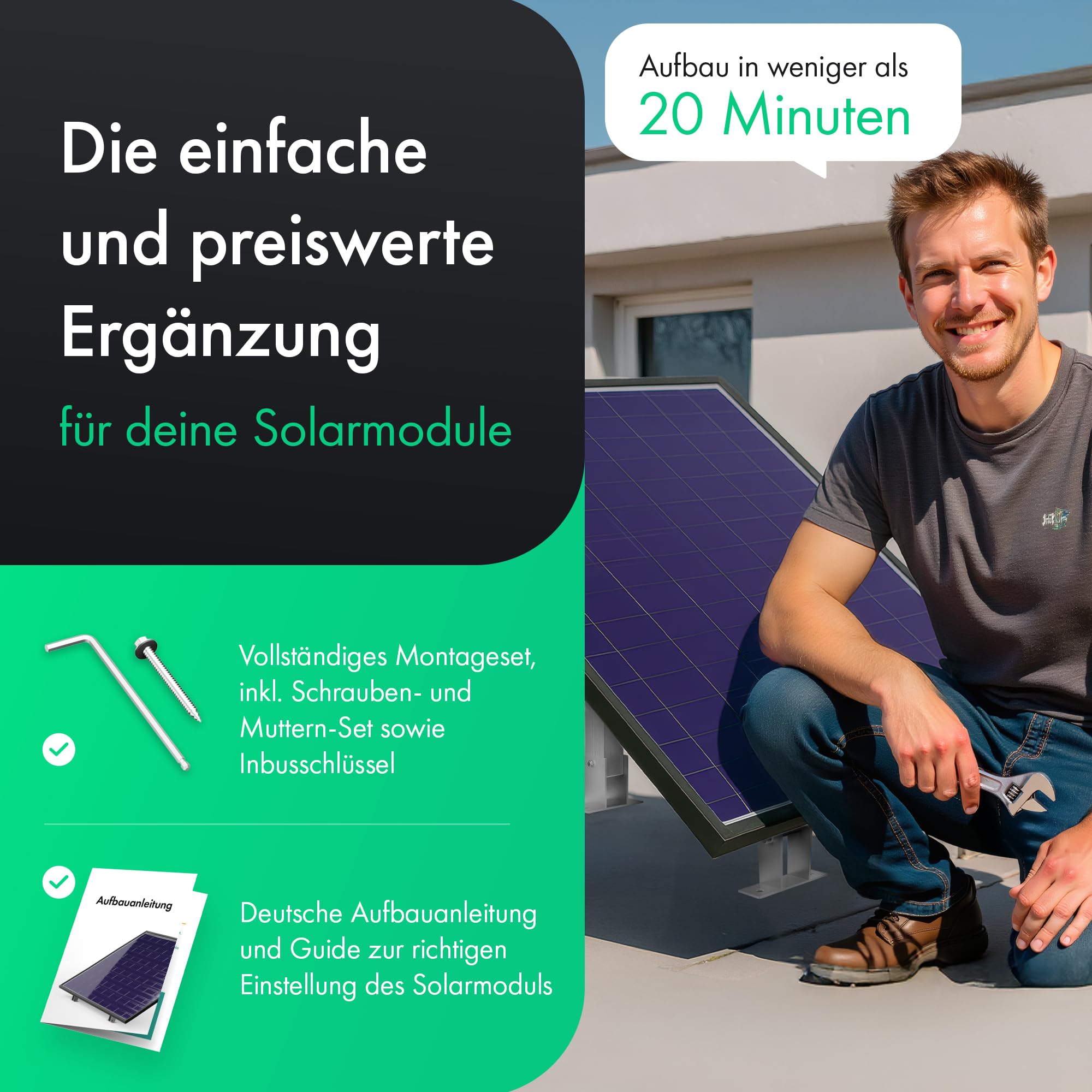 MATADORES Aufständerung für 2 Solarmodule | Für Hauswand, Flachdach, Balkon | Verstellbar 15°–60° Neigung | Aluminium-Halterung für Balkonkraftwerk | Inkl. Montageset
