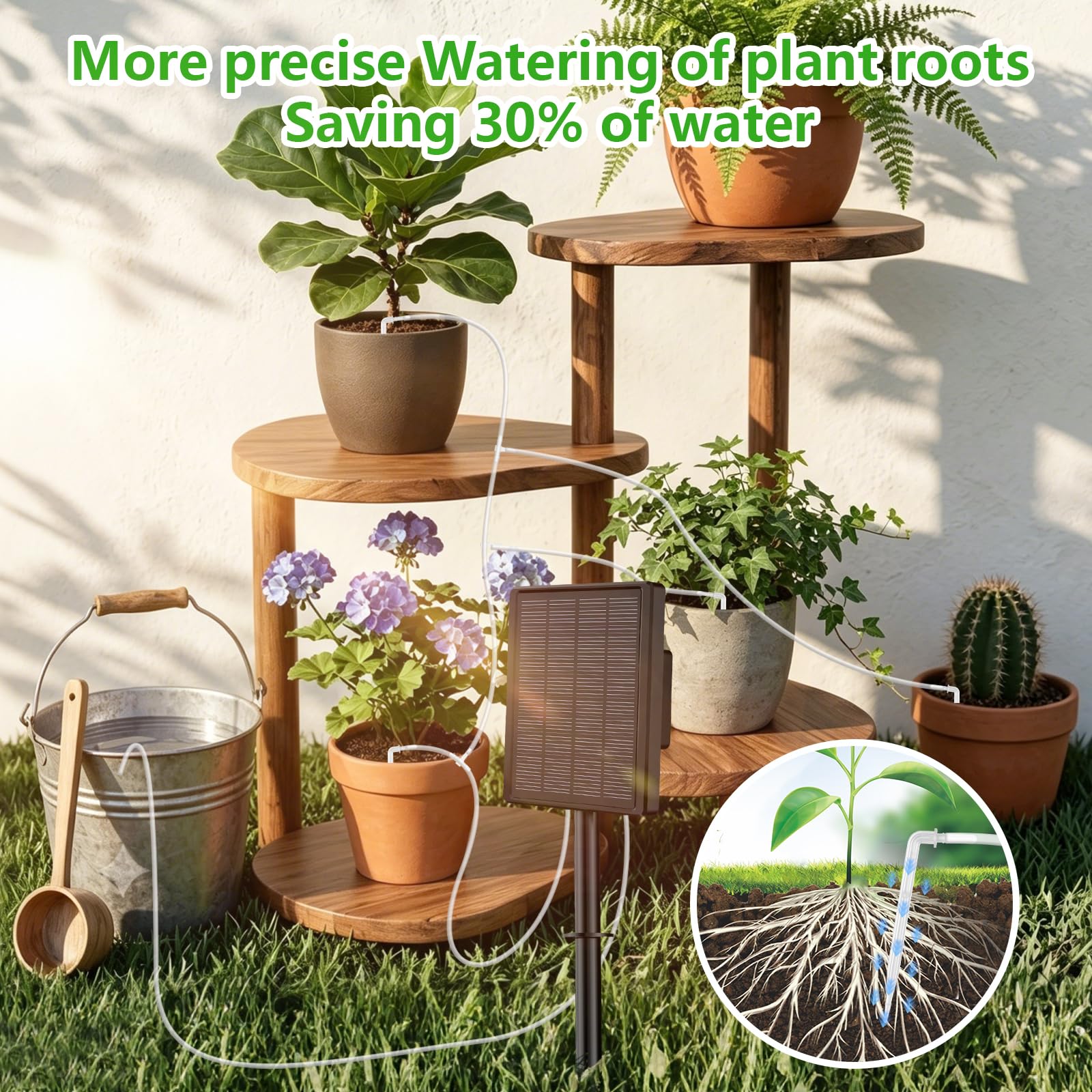 Sistema de Riego Solar para Jardín,Kit de Riego por Goteo con 20 Goteros,2200mAh Nuevo Kit Riego por Goteo para Jardín Vacaciones Terrazas de Balcones Macetas Plantas,con 15m Manguera de Riego