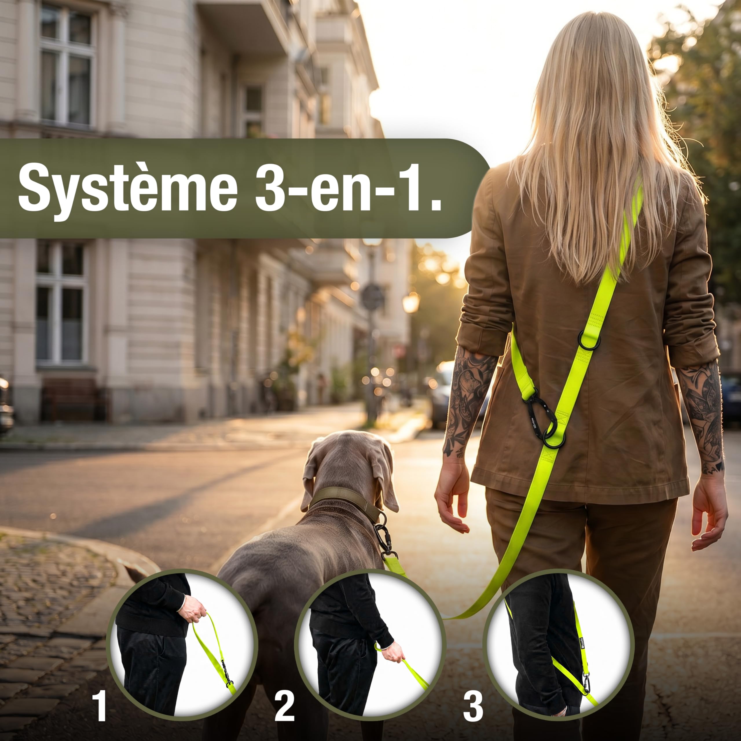 Laisse Chien Étanche Solide 3m pour Chiens Petits à Grands (10-100kg) – Bandoulière Réglable – WEATHERGUARD – 2X Mousquetons de Sécurité – Marque Allemande, Couleur:Jaune Fluo