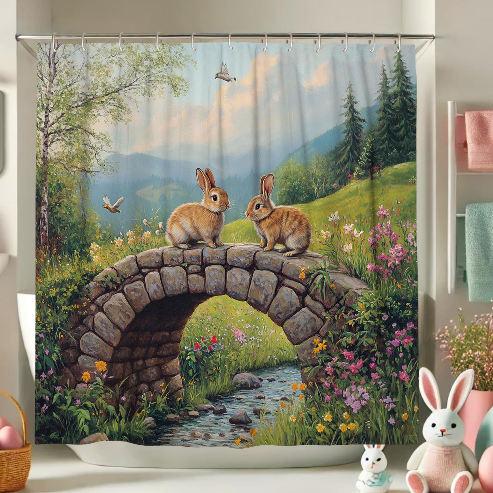 Rabbit Shower Curtain, Nature Landscape Brown Green Outdoor Shower Curtain for Bathroom Decor, Spring Summer Cute Rustic Waterproof Fabric Shower Curtain Set with Hooks 72x72 Inch