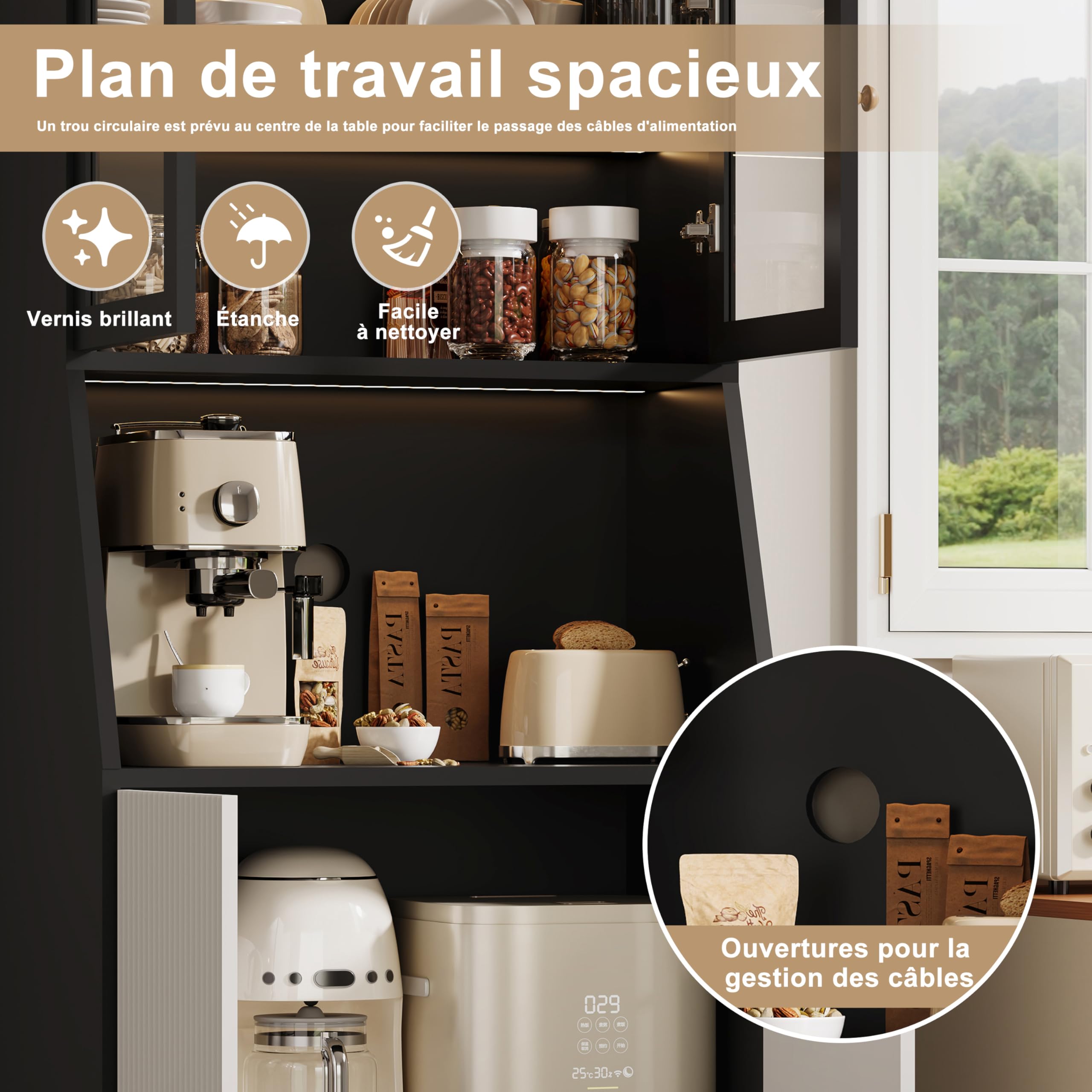 Credenza alta cucina con LED, mobile da cucina con piano di lavoro, armadio da cucina con ripiani regolabili e armadi, credenze, vetrina per sala da pranzo (nero)