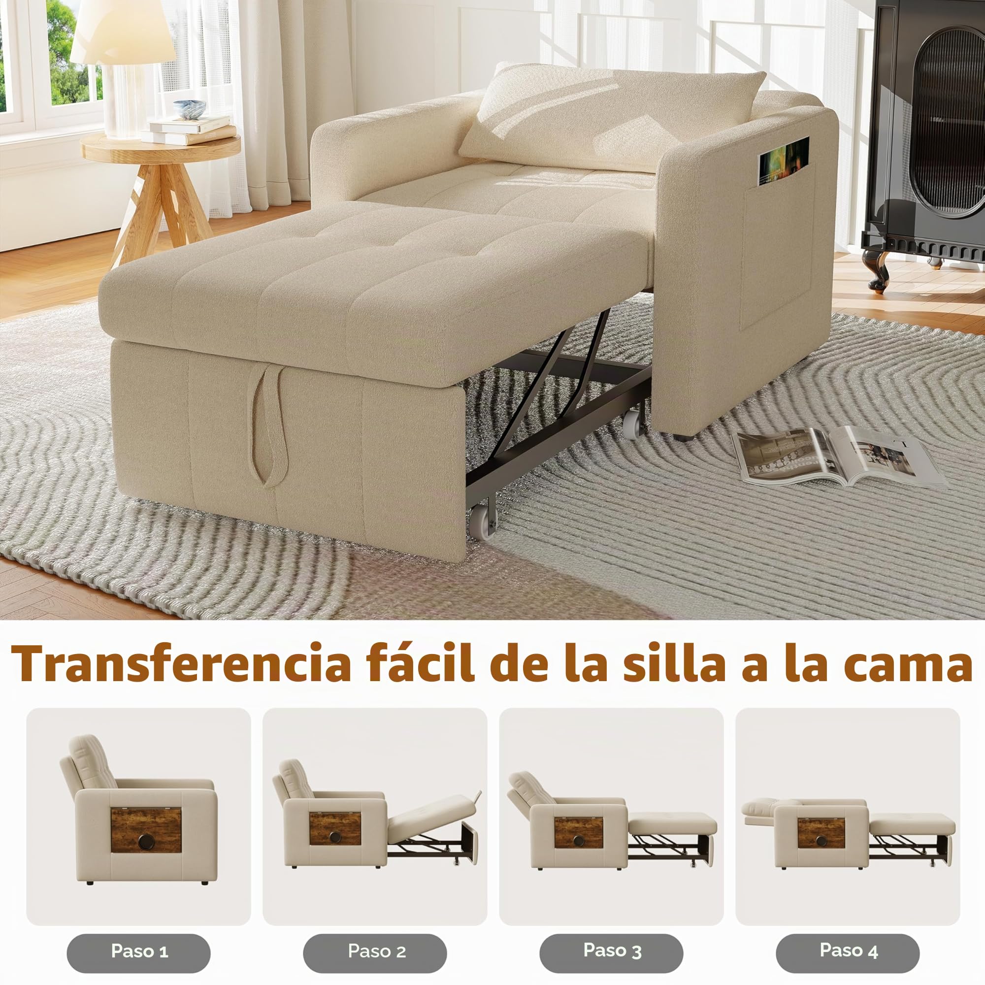Sillón 3 en 1 convertible, sillón cama con función de cama, sillón ajustable con cojín y bolsillo lateral, sillón con función de dormir para apartamentos pequeños (beige, silla 3 en 1)