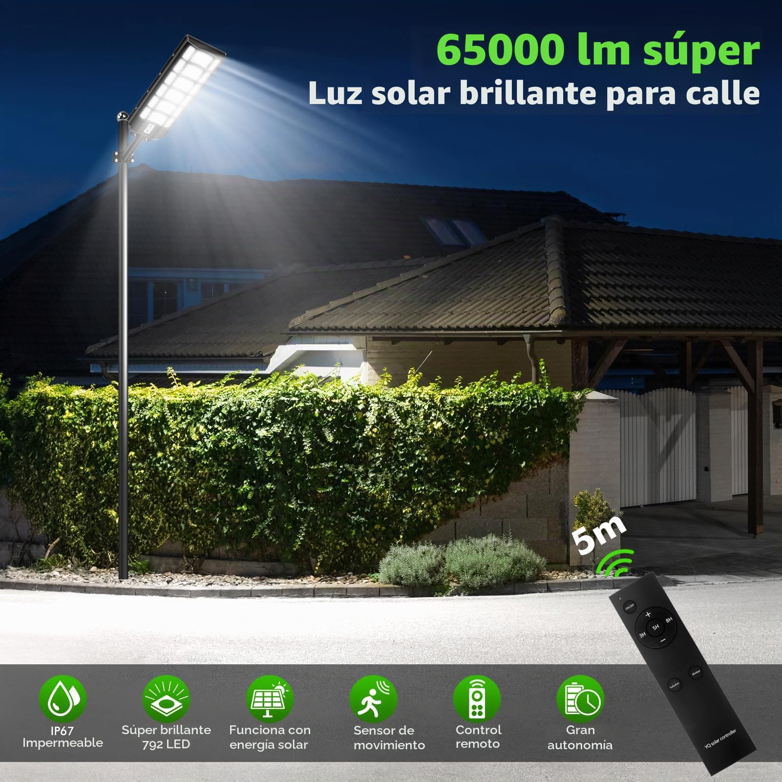 1200W Farola Solar Exterior con Sensor de Movimiento y Mando a Distancia, 792 LEDs 6500K, IP67 Impermeable, 3 Modos Inteligentes para Aparcamiento y Jardín