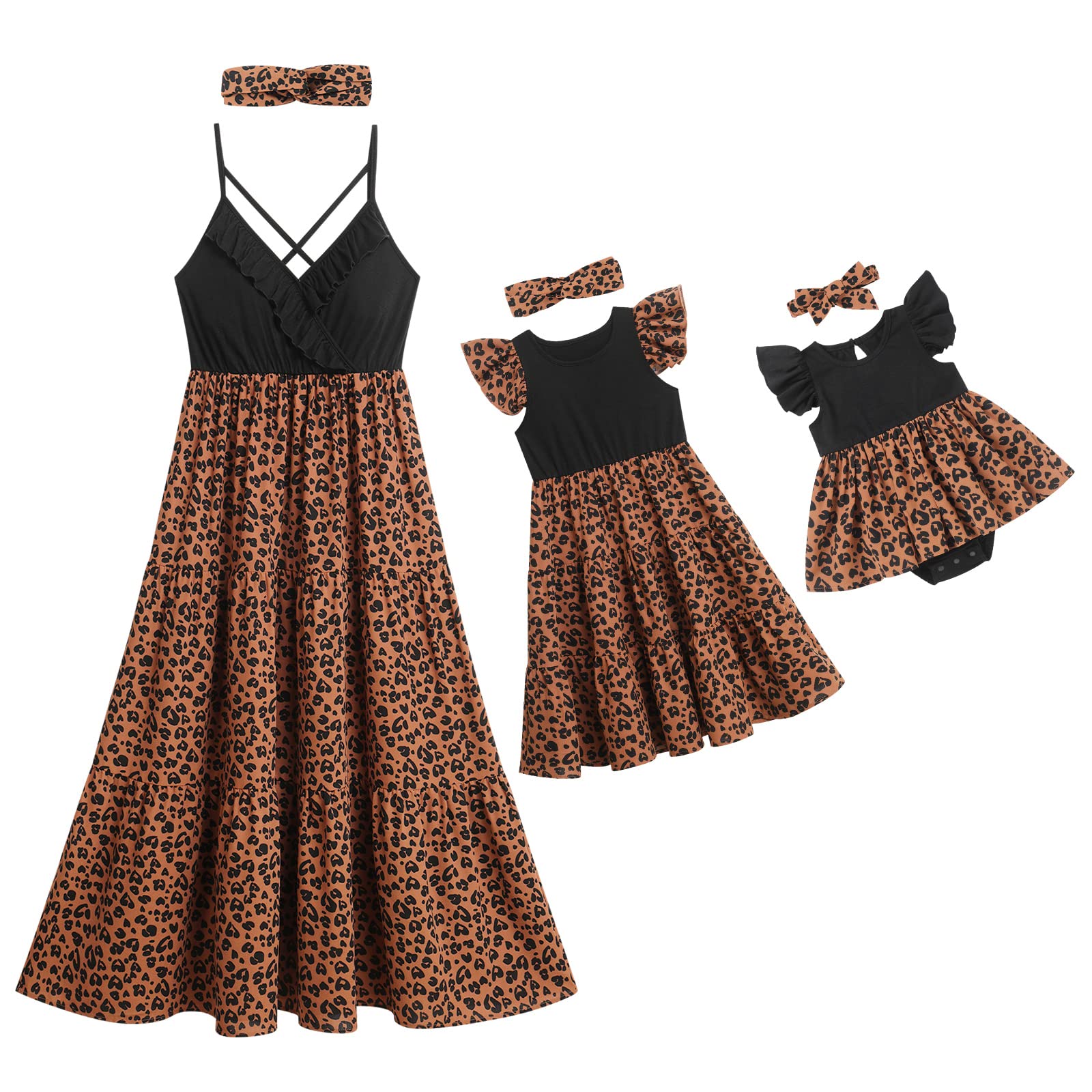 Mommy and Me Matching Dresses Leopard Print Ruffle Sleeveless Dress Spaghetti Straps V Neck Summer Beach Hawaiian Vacation Mom Daughter Matching Outfits with Headband Black Brown Leopard 9-12 Months