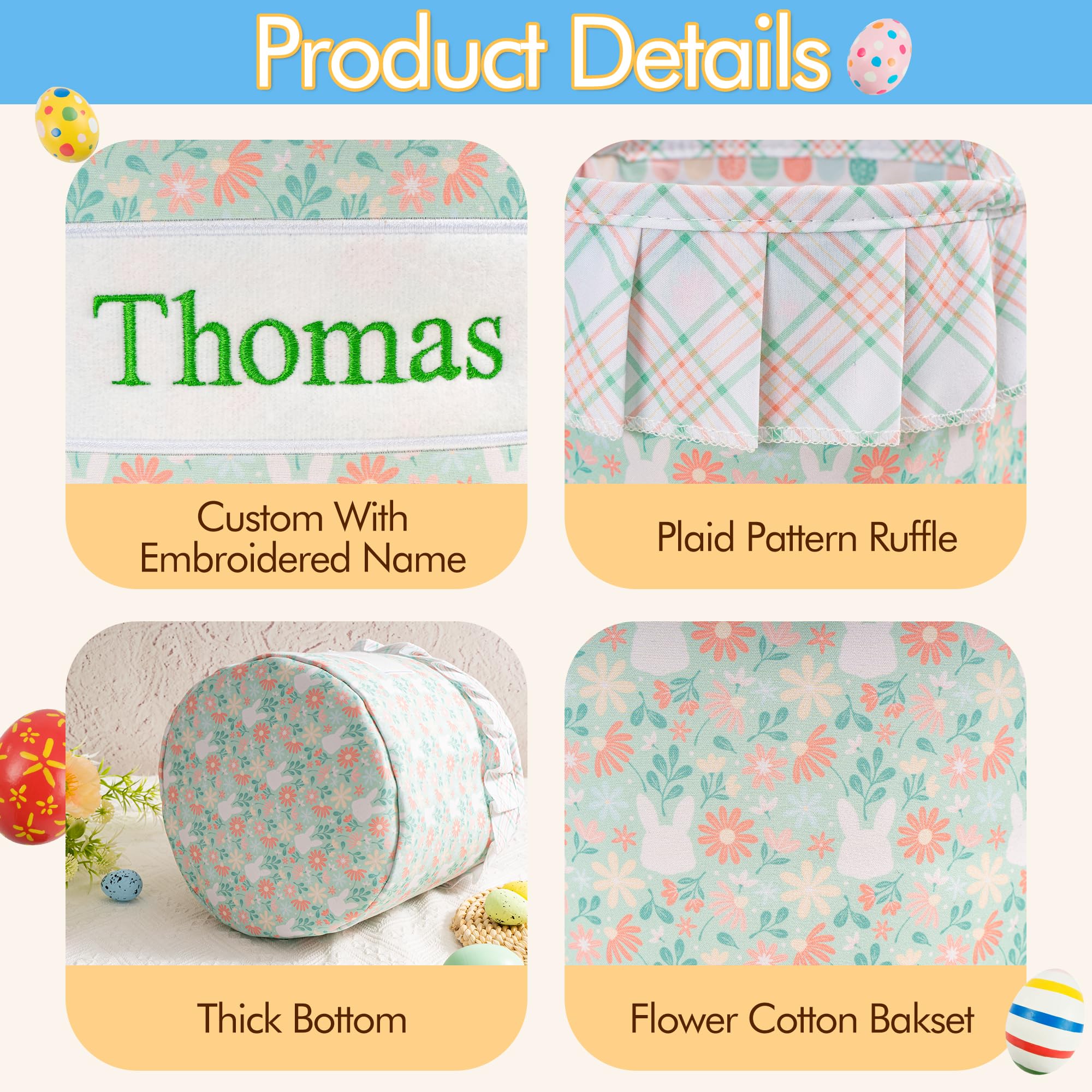 MT WORLD Toddler Easter Bunny Basket Personalized Easter Egg Bucket for Kids with Name Rabbit Ruffle Bucket Tote for Baby Boys Girls Easter Egg Hunts Decorations Candy Gifts Storage (Green Flower)