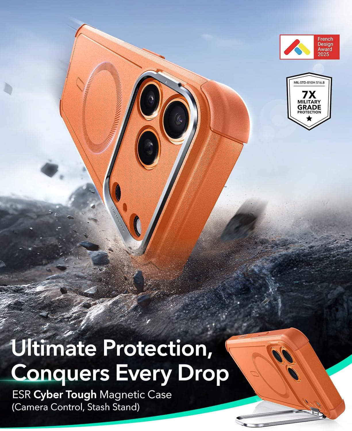 ESR for iPhone 17 Pro Max Phone Case with Stash Stand, 7X Military-Grade Drop Protection with Camera Control, Shock-Absorbing Rugged Cover, Compatible with MagSafe Accessories, Cyber Series, Orange