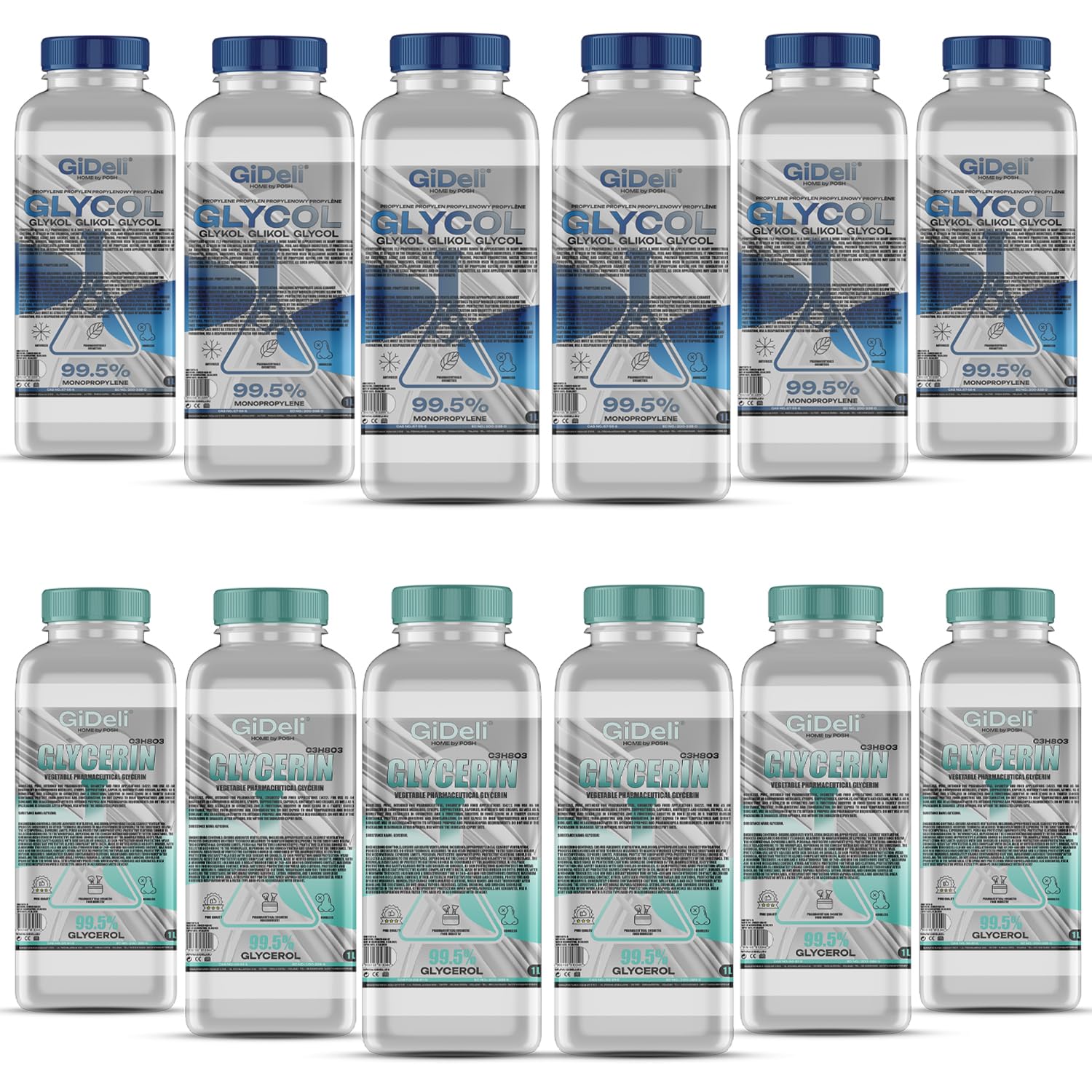 GiDeli Lot de 2 bidons de 6 x 1 l de glycérine 99,5 % + 6 x 1 l de propylène glycol 99,5 % - Matières premières pour cosmétiques, pharmaceutiques, chimiques, laboratoires et applications techniques