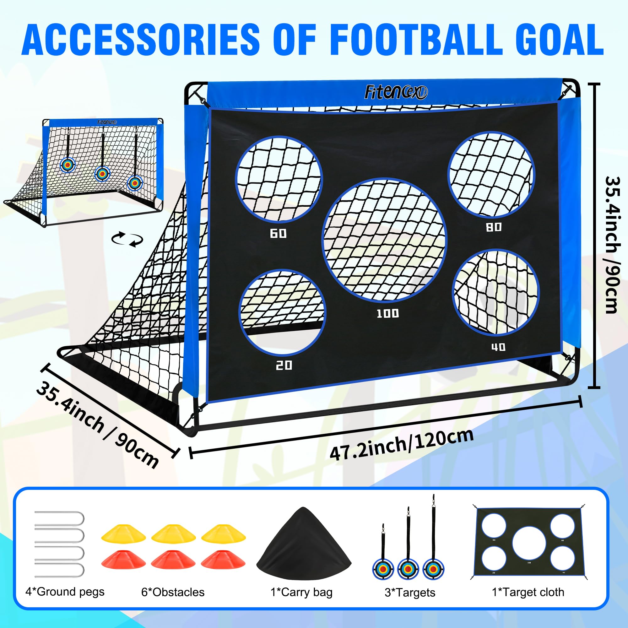 Fußballtor Kinder - 3-in-1 Pop Up Tor mit Torwand | Goal für Garten, Park & Strand | Outdoor Fussballtore mit 5 Schusslöchern, 3 Zielscheiben & 6 Hindernissen | inkl. Tasche & Bodennägel