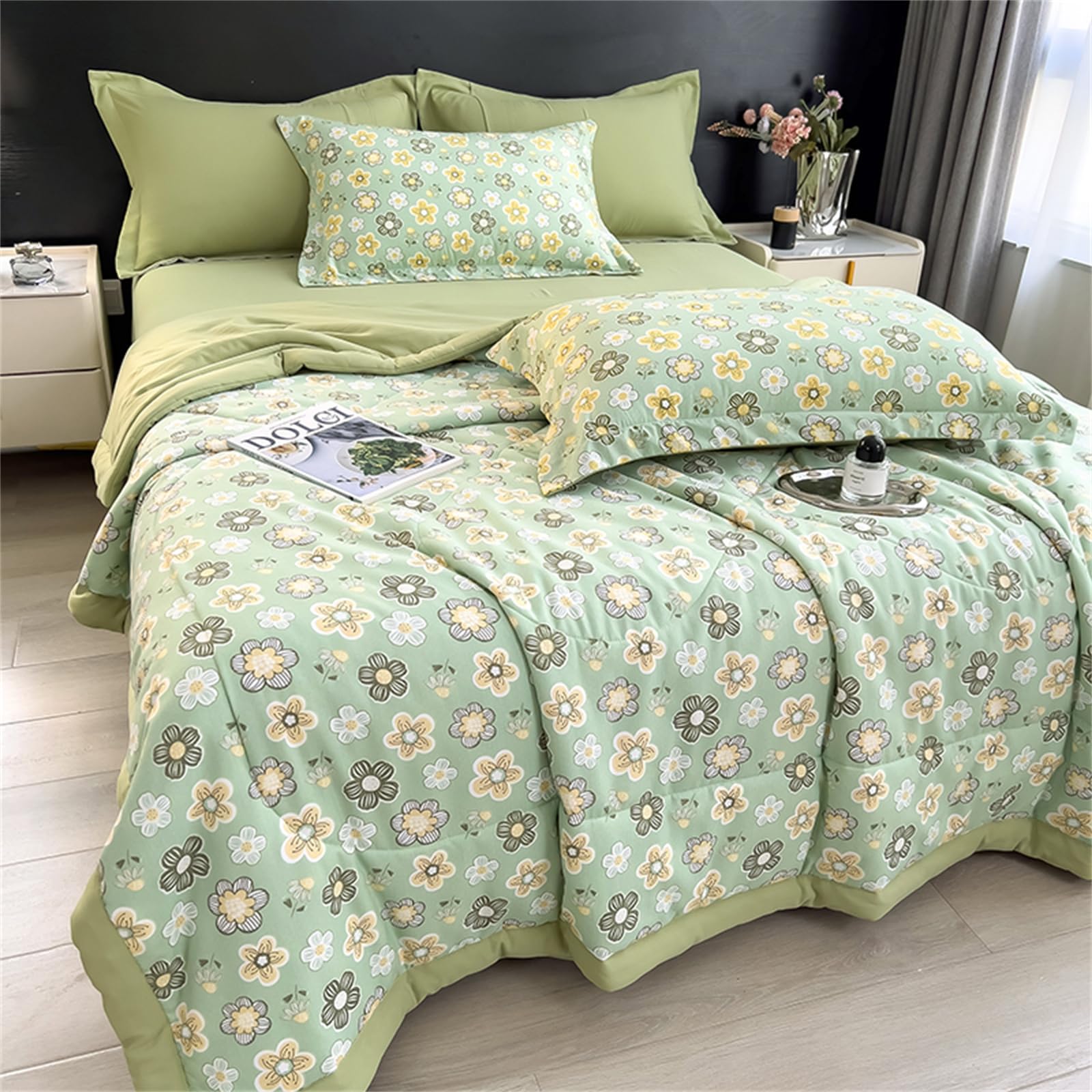 Highdi Summer Floral Print Reversible Bed Throws Quilted Bedspreads,Lightweight Patchwork Quilt Comforter Single Double,Cotton Throw Summer Quilt,Quilted Blanket All Seasons (Green,150x200cm)