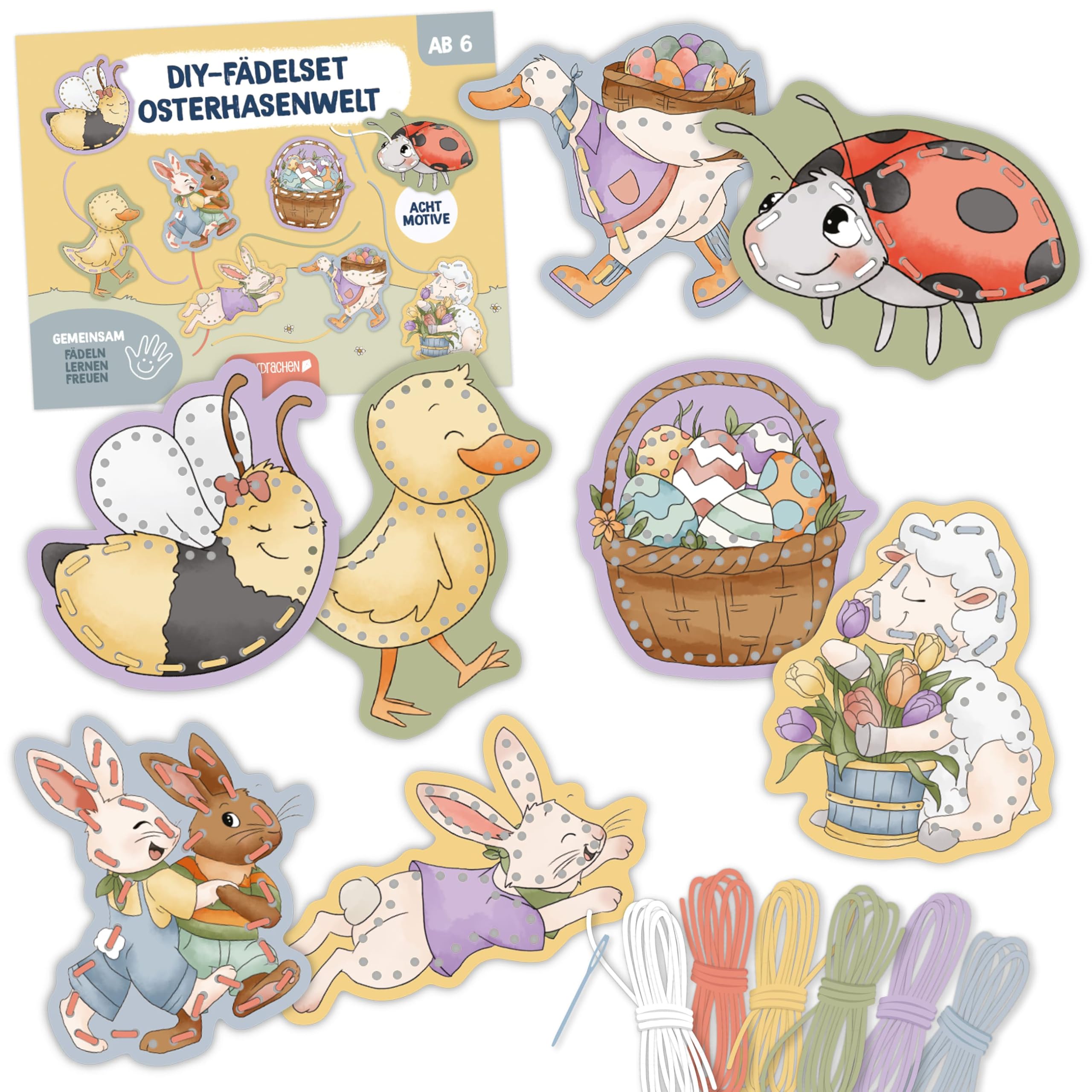 Papierdrachen Fädelset Osterhasenwelt - Pappe - DIY - Bastelset - Ostern - zur Förderung der Feinmotorik