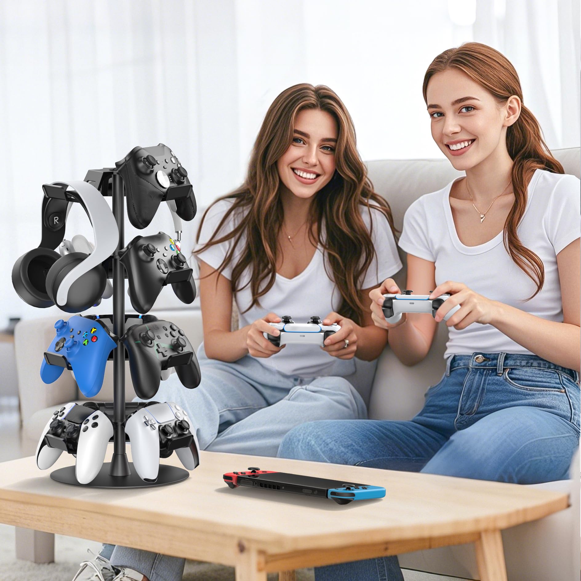 Supporto per Controller e Cuffie, Porta Cuffie da Scrivania, Porta Cuffie Gaming a 12 Grandi Capacità, Porta Joystick PS5 Girevole per Accessori da Gioco, Facile da Riporre e Assemblare, 4 Livelli