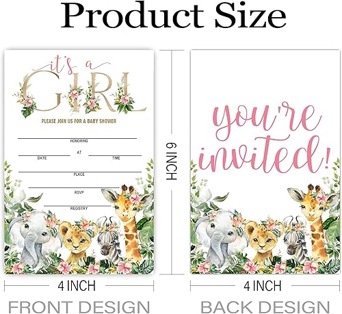 Miniatura 2 de Invitaciones de Baby Shower para niña, animales de la selva rellenan tarjetas de invitaciones con sobres, floral de madera, juego de 25..