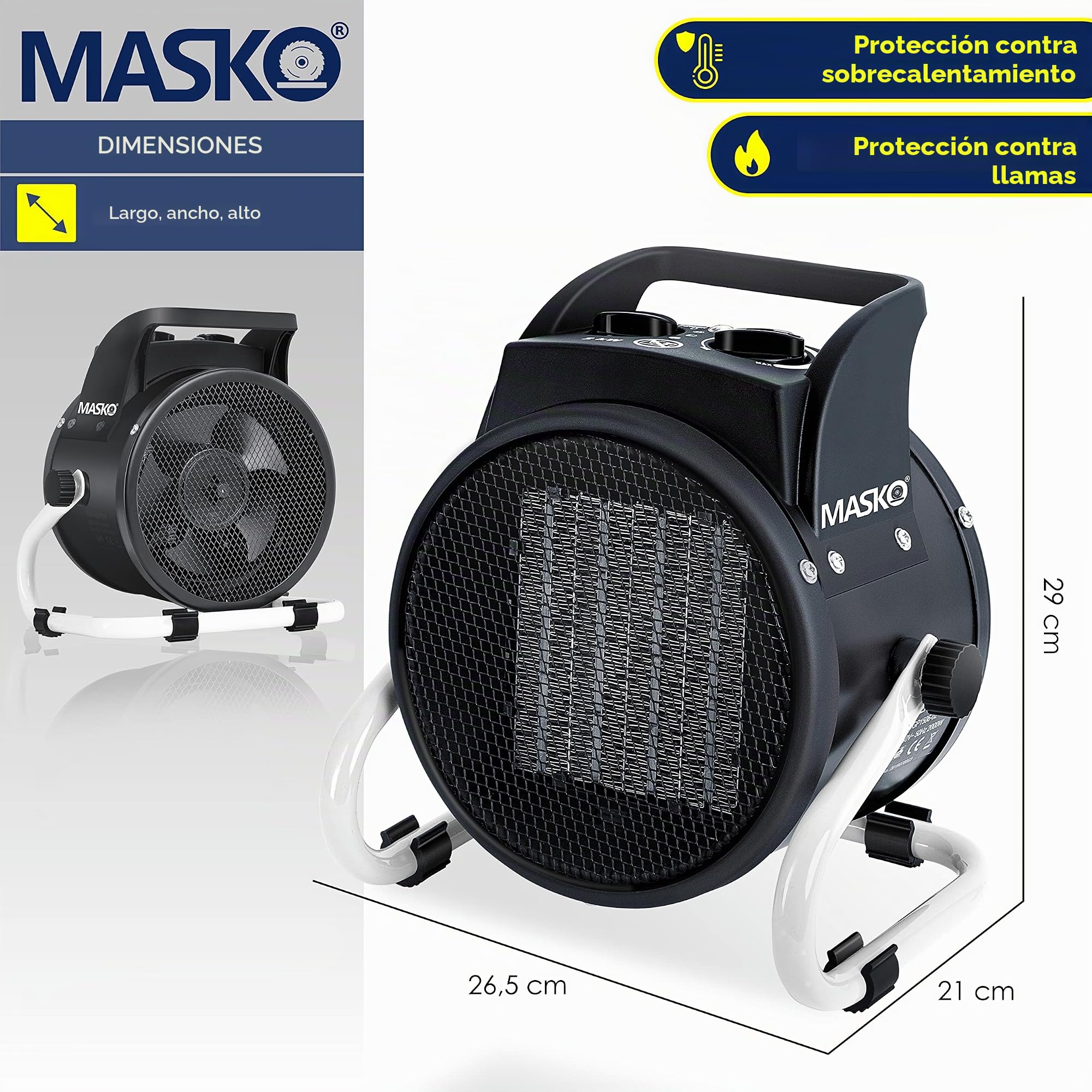 Masko Calefactor cerámico, 3 kW/3000 W, termostato, 3 niveles de calor, interior-exterior