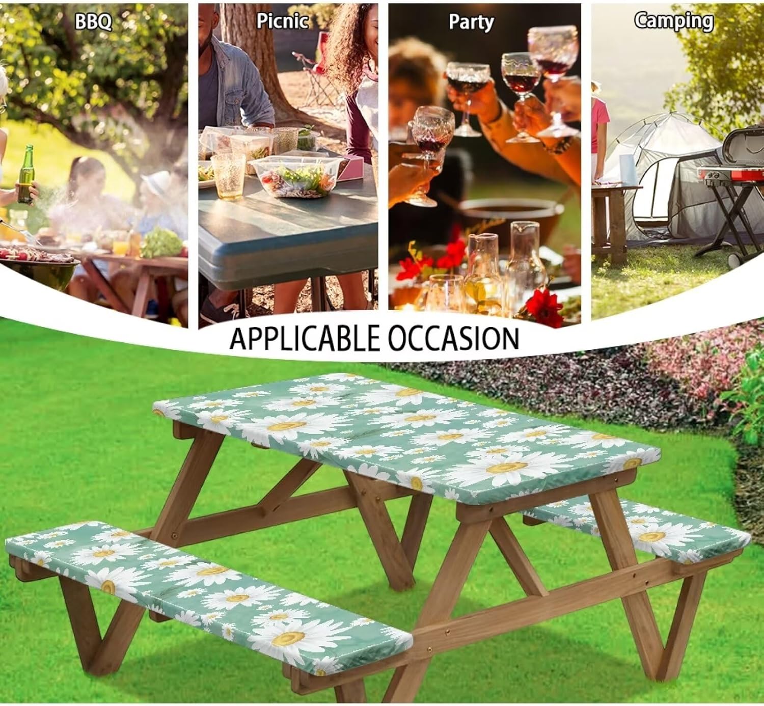 Picnic Table Cover with Bench Covers Teal Daisy Fitted Rectangle Tables Patio Tablecloth Camping Gear and Essentials Rv Accessories Road Trip Supplies Car Travel Must Haves 3pcs-94" x 30"