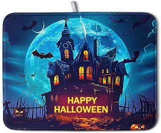 Happy Halloween Dish Drying Mat for Kitchen Counter 18x24 Inch Castle Bats Pumpkin Dish Drying Pad Absorbent Microfiber Reversible Dishes Drainer Mat for Sink Coffee Bar