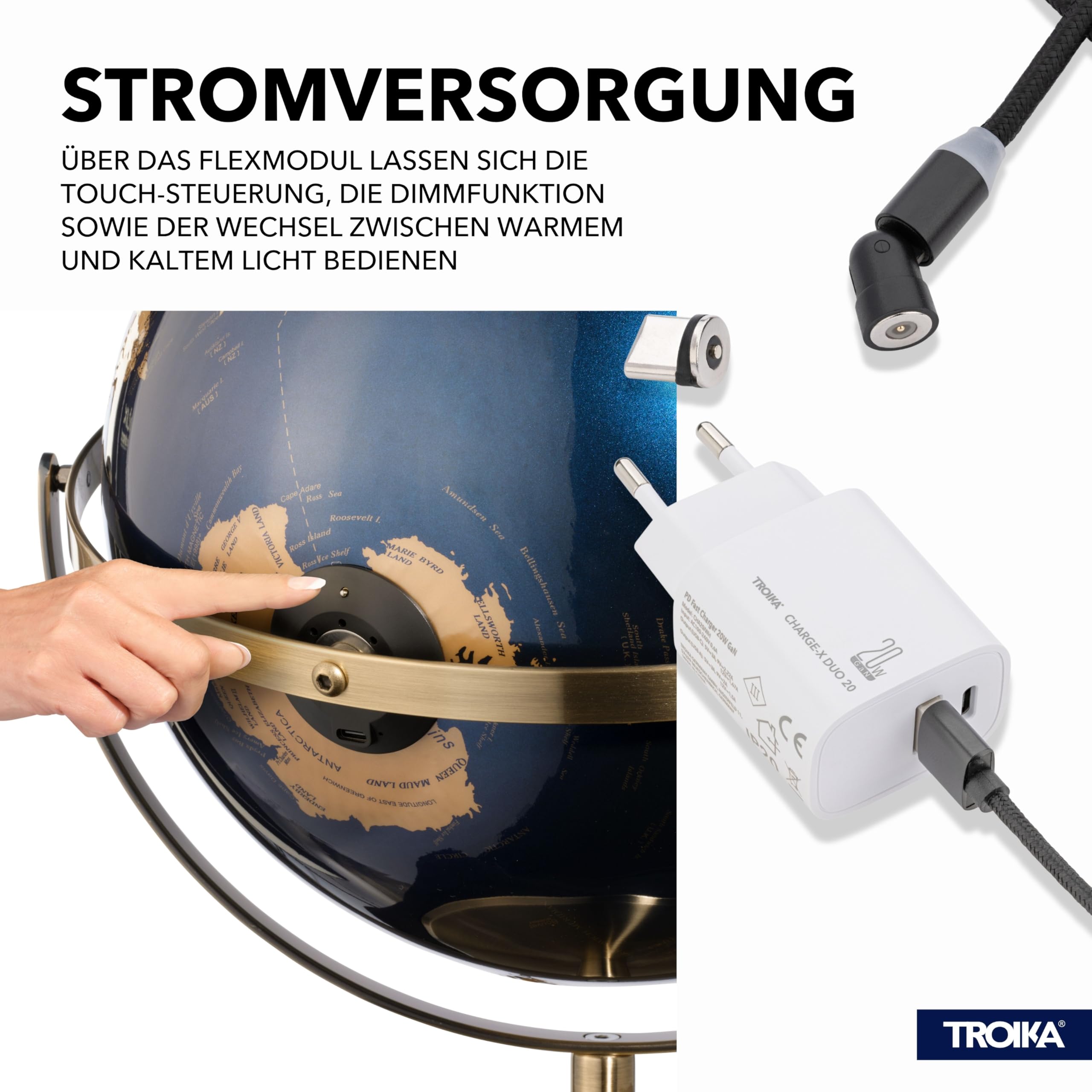 TROIKA Globus beleuchtet dimmbar 30cm JURI LIGHT FLEX Akku betrieben Magnet-USB-C-Kabel Ladeanzeige mit 2 beweglichen Achsen und Kartenrelief auf gebürstetem Metallfuß in bronzefarben, dunkelblau