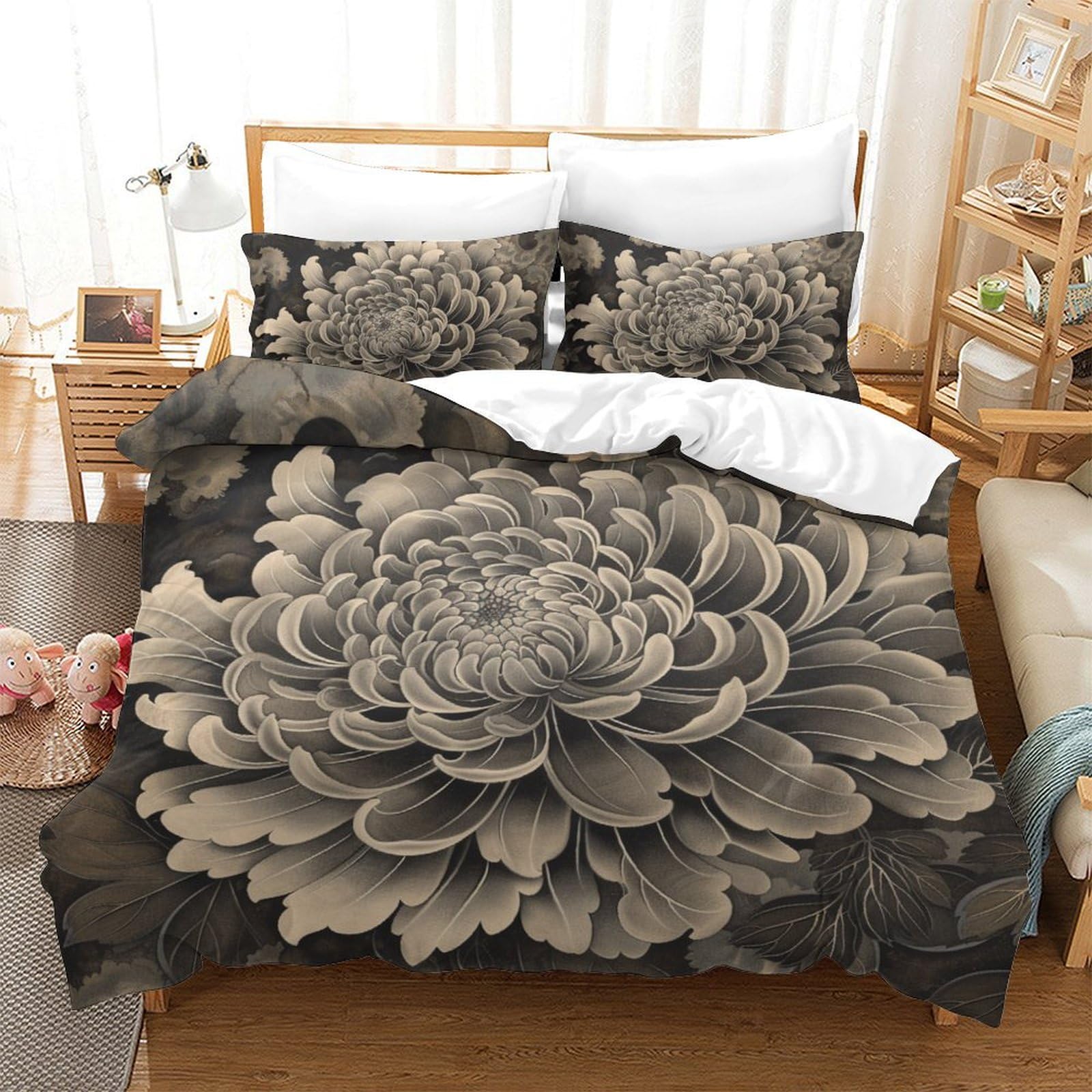 Housse de couette chrysanthème 3D respirante et microfibre douce 3 pces