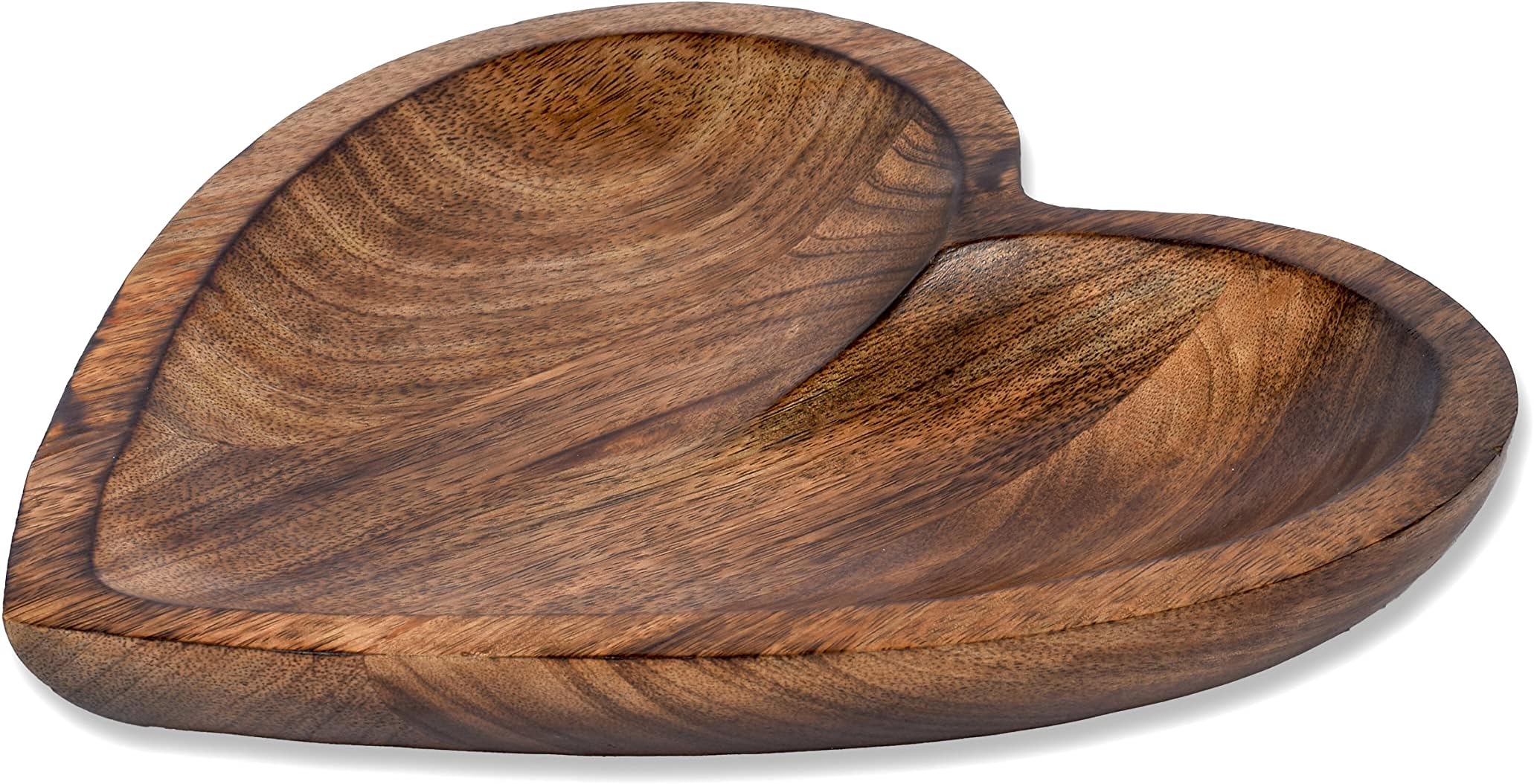 EDHAS Mango Wood Heart Curved Shaped Decorative Bowl for Table Centerpieces Home Party Wedding Décor (10" x 10" x 1.5")